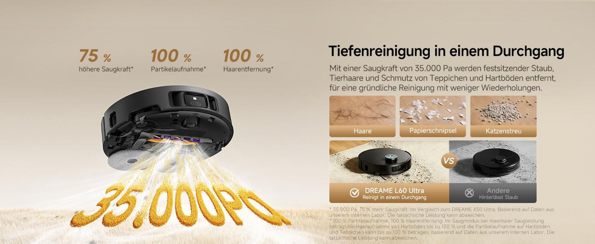Dreame L60 Ultra Saugroboter mit Wischfunktion,35KPa Saugkraft,KI-3D-ToF-Vision,100°C Selbstreinigung,Doppelflexarme,ausziehbare Seitenbürste,Autolift