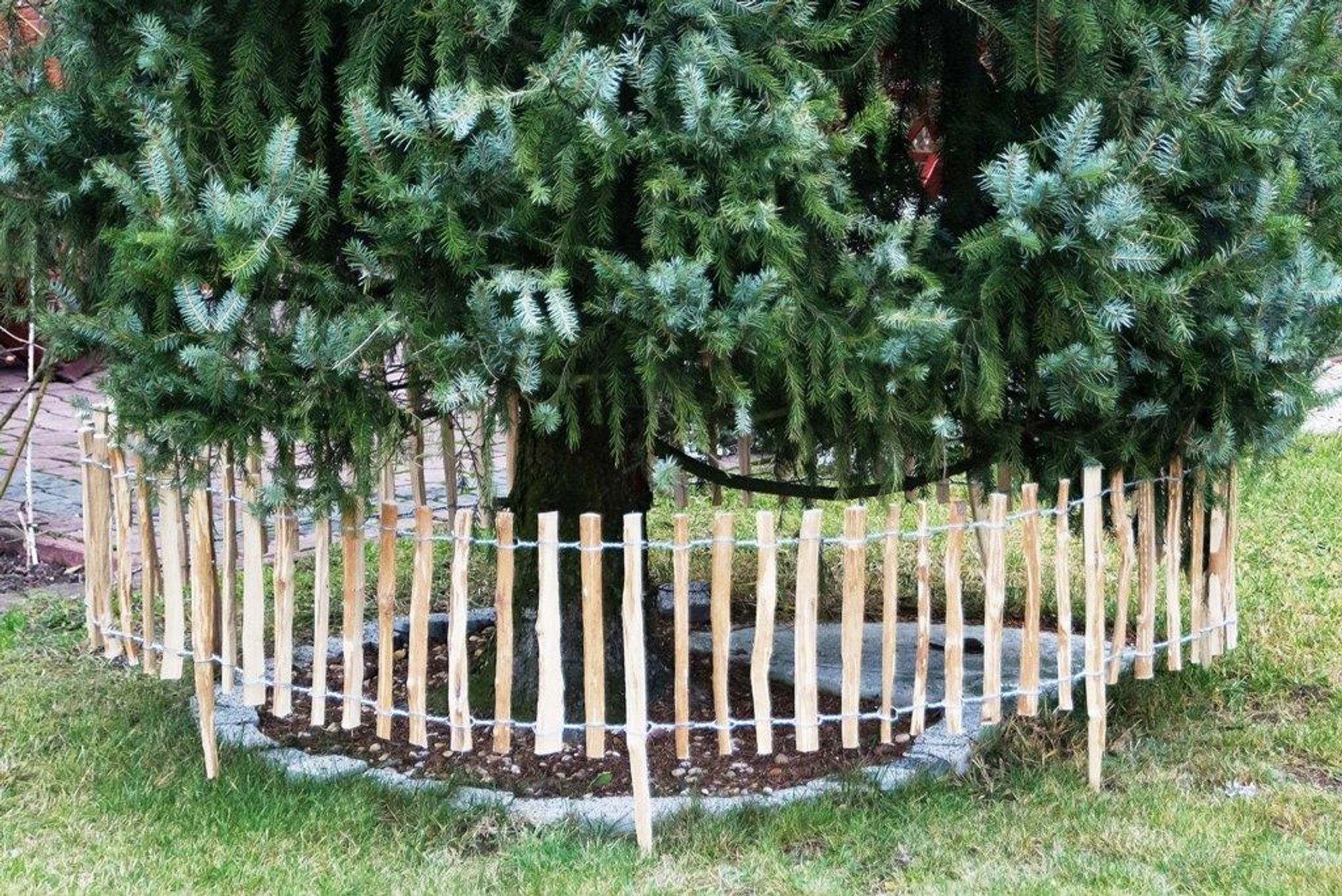 SEVICO 5m Staketenzaun 35cm x 5m mit Lattenabstand 7-8cm mit Pflock Zaunlatte Gartenzaun aus Haselnuss Natur STAHLKRAMPEN GRATIS V37 7-8