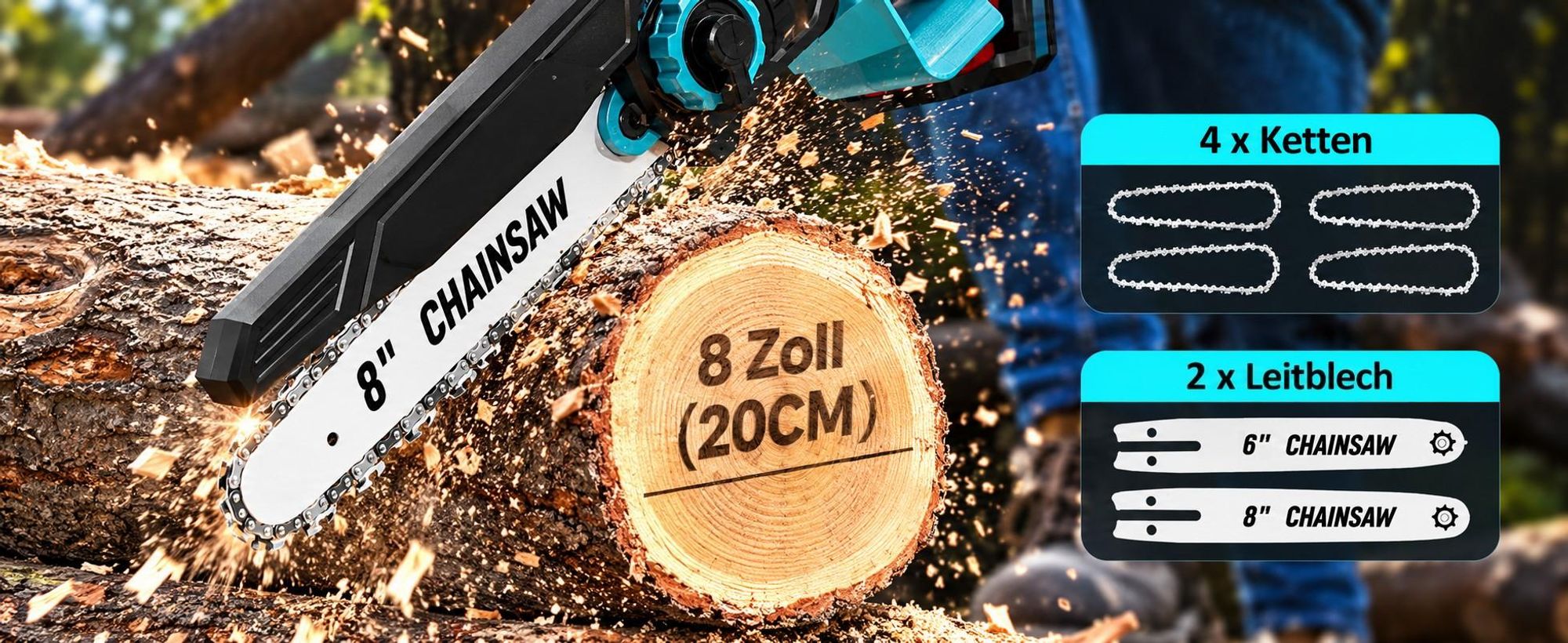 Akku-Kettensäge 6/8 Zoll, 2-in-1 Mini Kettensäge Brushless, 1500W, 2×21V 4,0Ah Akku, Automatische Kettenschmierung, Werkzeuglose Kettenspannung