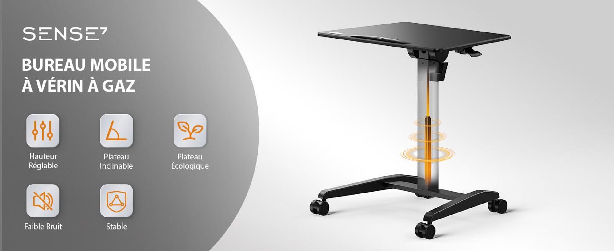 SENSE7 Bureau sur roulettes Bureau mobile Plateau basculant Réglable en hauteur Grand plan de travail Moderne et minimaliste 70 x 52cm blanc