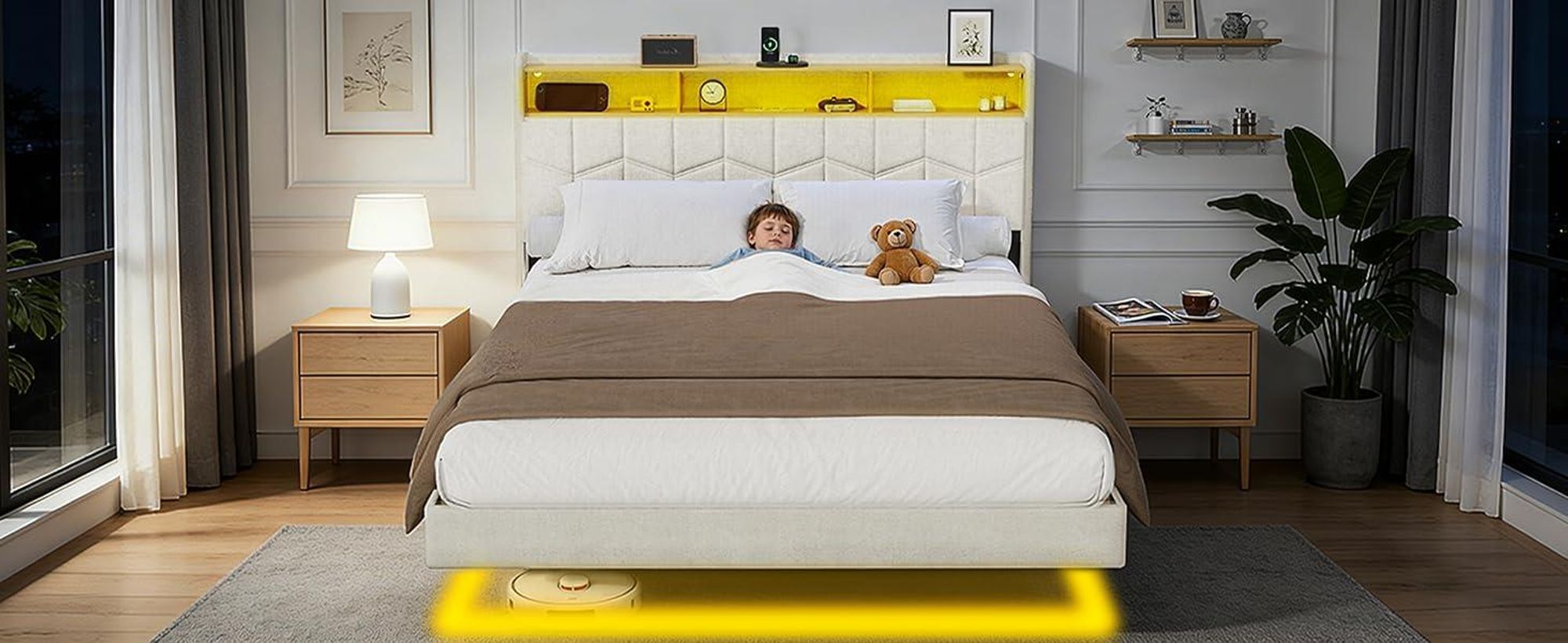 DEWINNER Lit 140x190 avec Sommier | Cadre Flottant | Lit Double avec LED Réglable | Multiprise | Sommier à Lattes | Lin Blanc | Idéal pour Chambre Mod