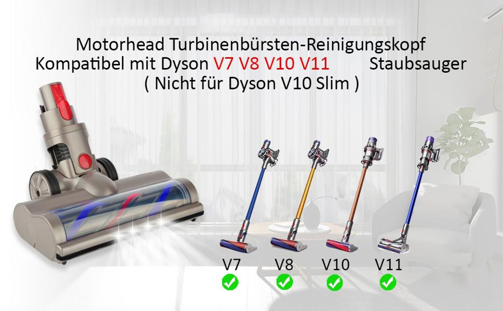 Bürste Kompatibel mit Dyson V7, V8, V10, V11 Staubsauger Elektrobürste mit Direktantrieb mit 4 Frontlichten für Hartboden und KurzflorigeTeppiche