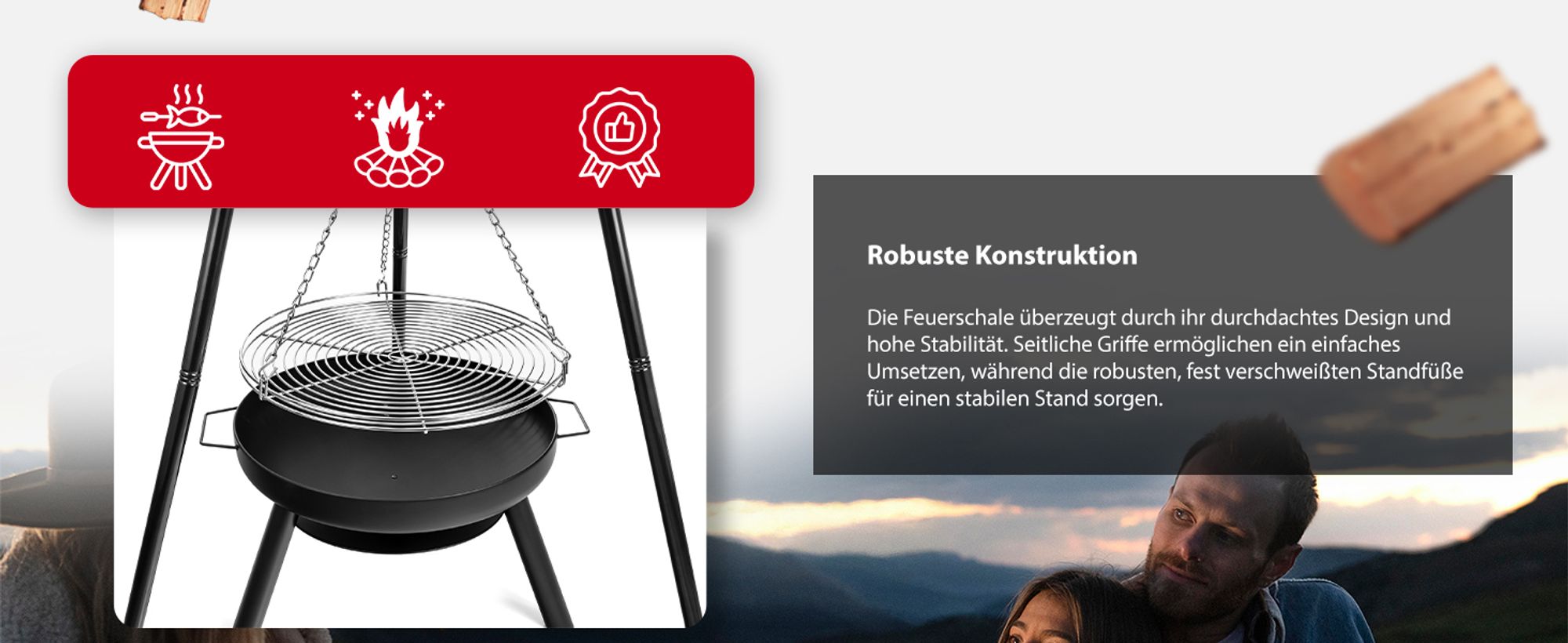 LEHMANN Feuerschale mit Ø 58 cm Grillrost, großes Dreibein für Feuerschale mit Schwenkgrill, Holzkohlegrill mit Feuerschale