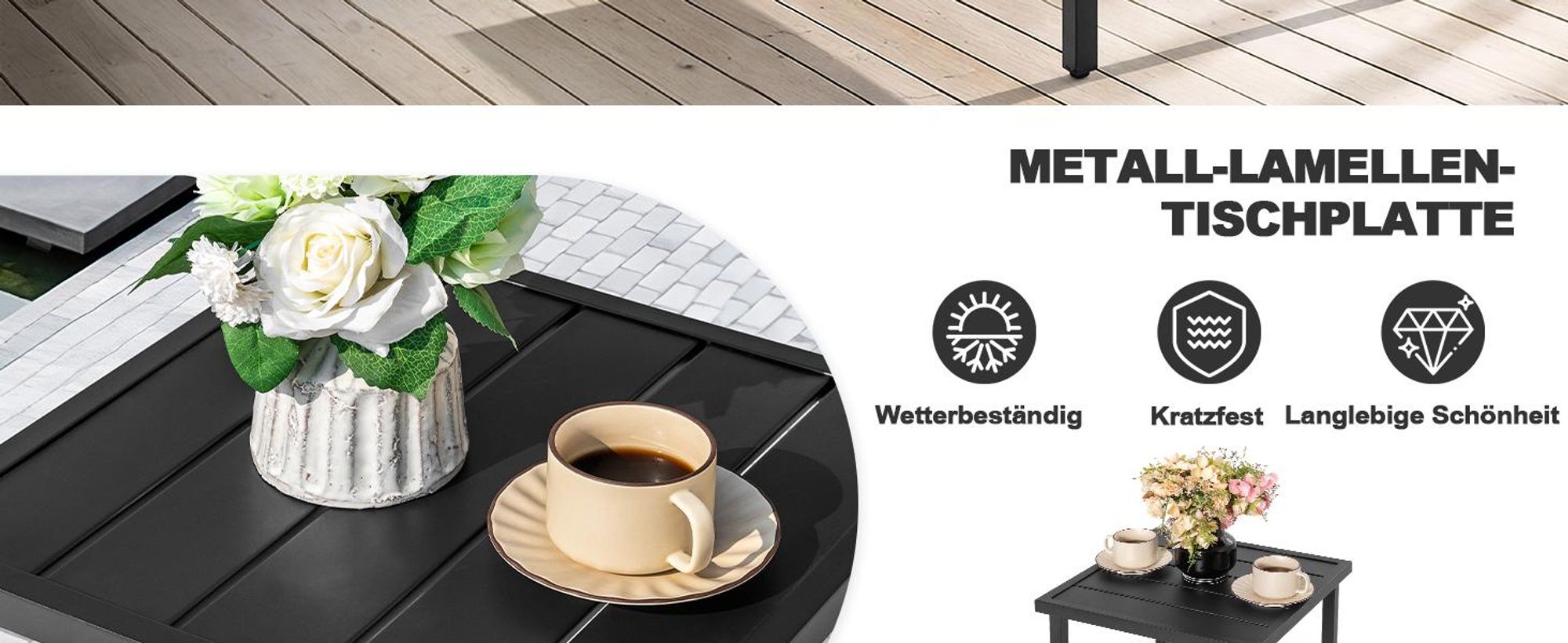 Avestar Beistelltisch 44x44x41 cm, Gartentisch mit Lattenrost und verstellbaren Füßen, pulverbeschichteter Metall, wetterfester Couchtisch, Schwarz