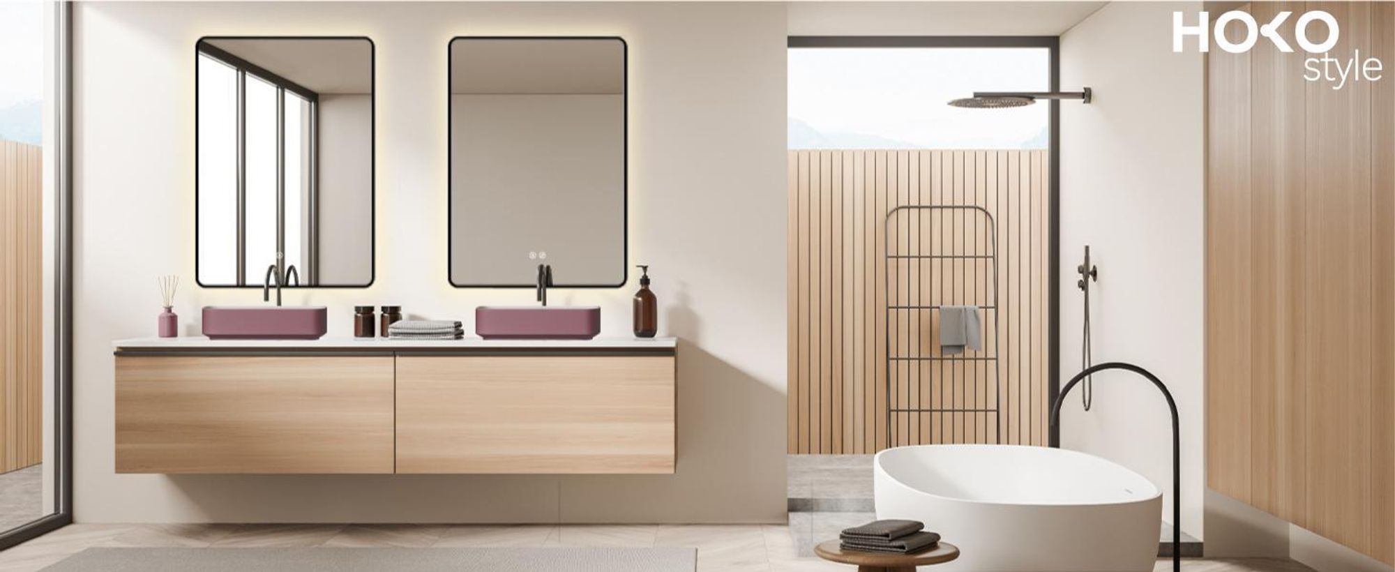 HOKO Badspiegel Antibeschlag LED 60x80cm mit Rahmen HOCH+QUER Montage Touch Schalter+Licht Wechsel Warmweiß-Kaltweiß-Neutral Wandschalter einschaltbar