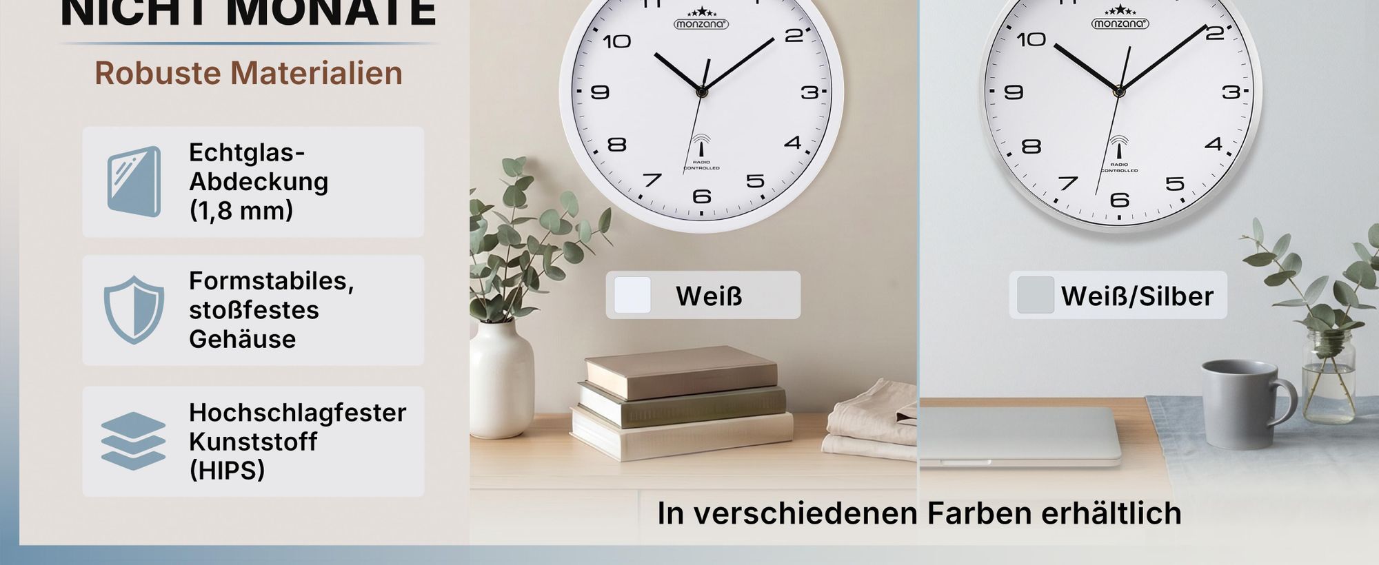 MONZANA® Wanduhr Groß Ø31cm Geräuscharm Automatische Zeitumstellung inkl. AA-Batterie Großes Ziffernblatt Weiß Quarzuhr Analog Wohnzimmer Büro Weiß