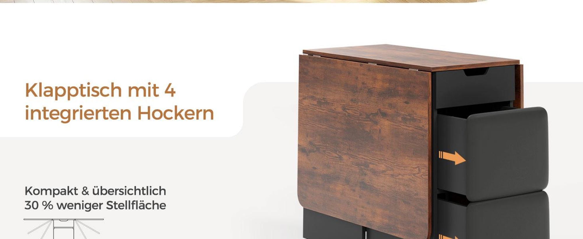 Mondeer Essgruppe Klapp-Essgruppe mit 4 Polsterhocker – Platzsparend, Rollen, 2 Schubladen & Ablageflächen 140x80 cm Braun und Schwarz