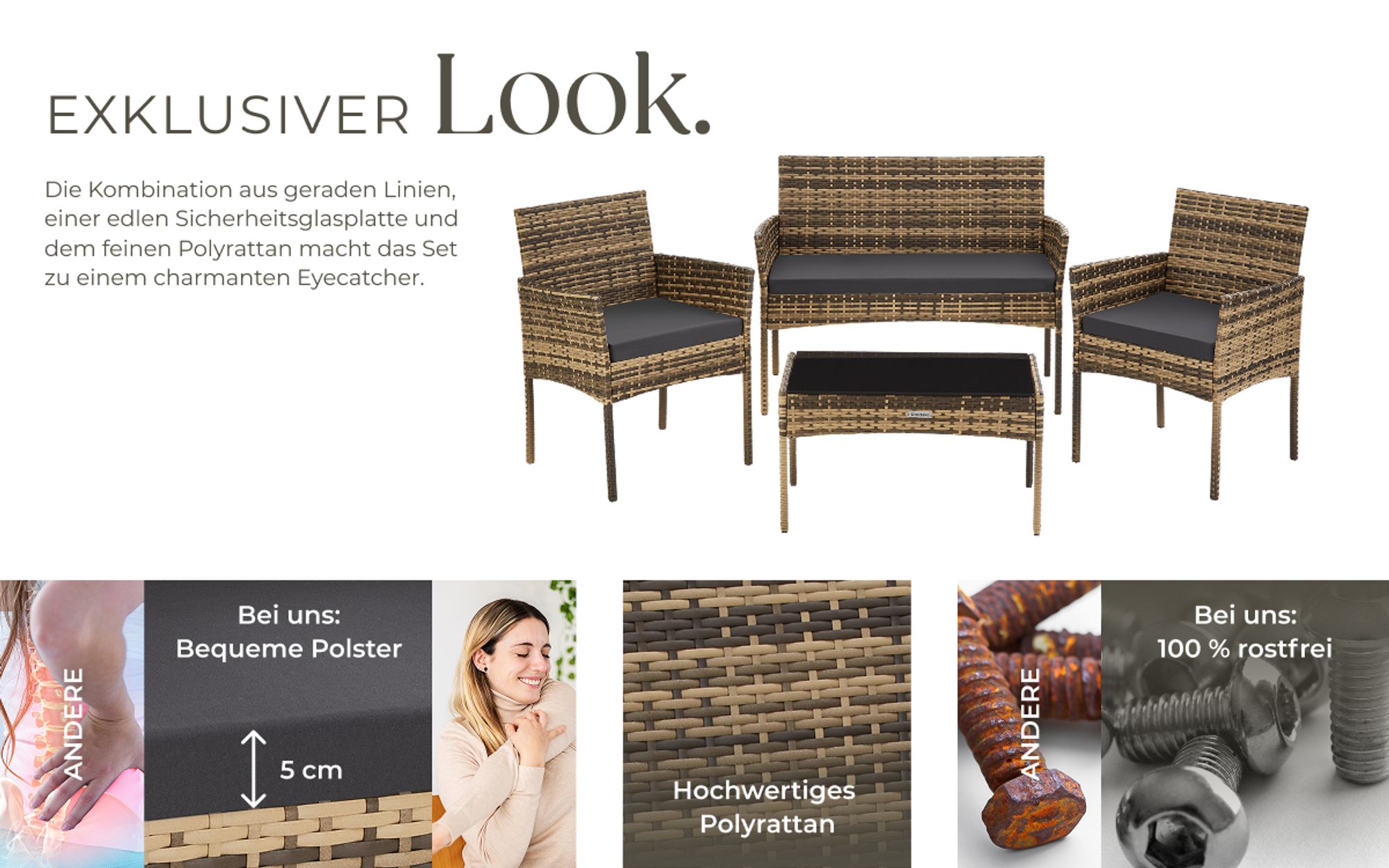tectake® Rattan Gartenset Palese für 4 Personen