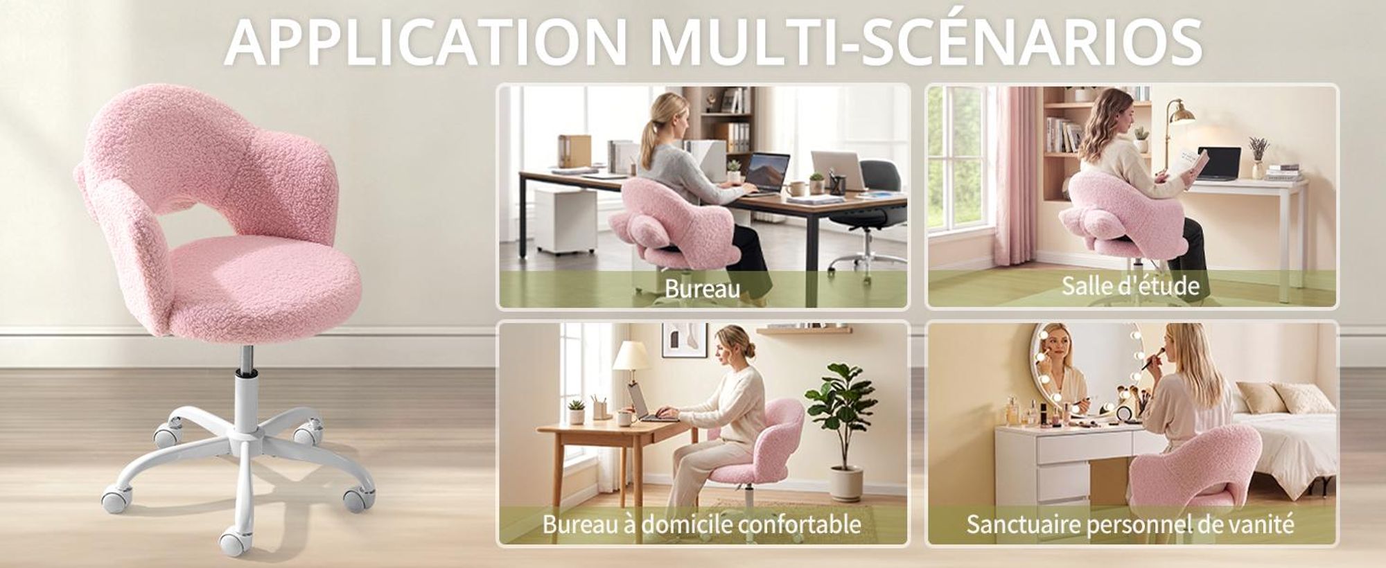 Chaise de bureau pivotante en forme de fleur, avec coussin lombaire, revêtue de similicuir mouton, 1 pièce, dimensions 59×57×76‑85,5 cm, rotation à 360°, couleur rose