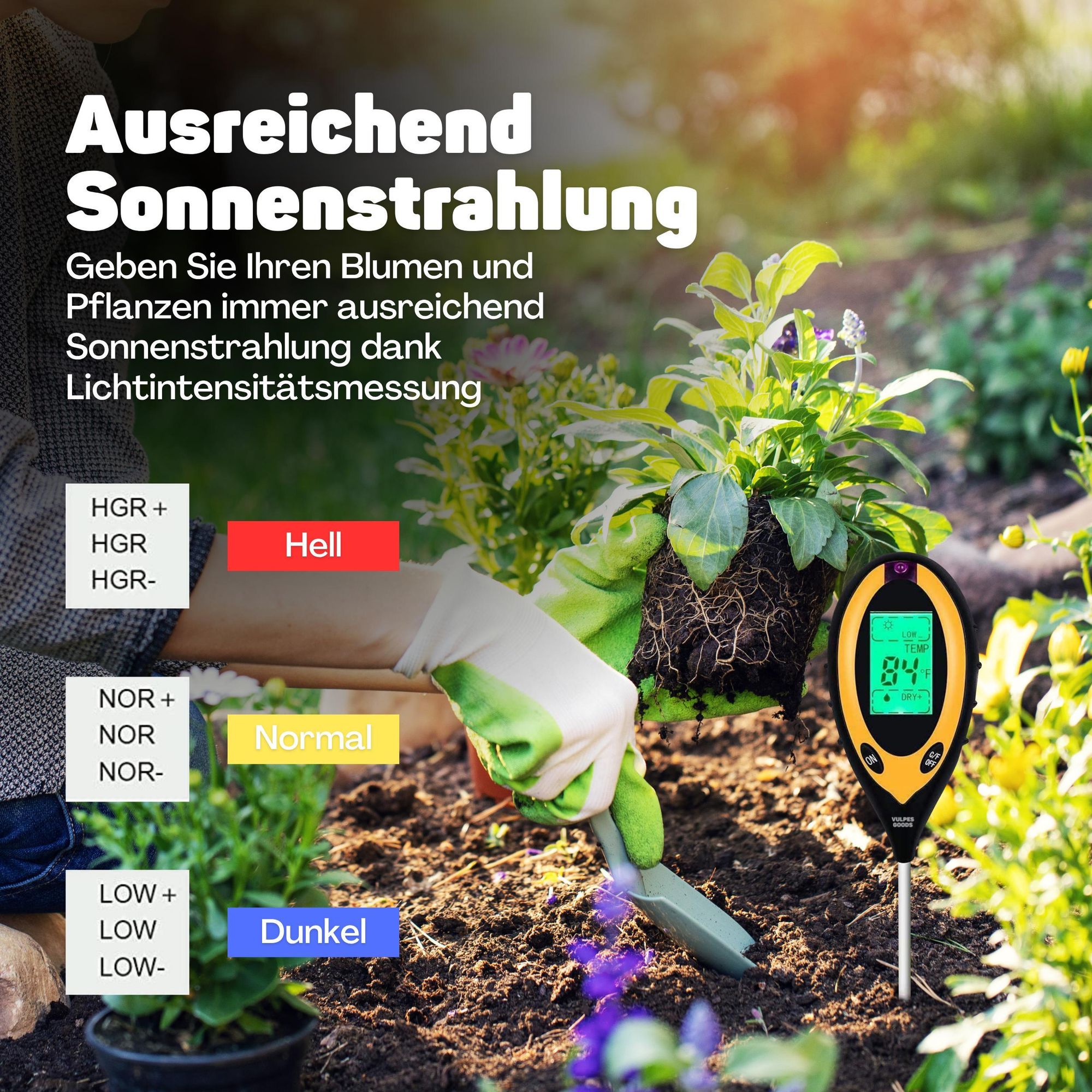 Vulpes Goods Bodenfeuchtigkeitsmessgerät, Für Pflanzen, 4-in-1, Thermo- und Feuchtigkeitsmesser, Innen und Außen, pH Licht, Boden testen, Mit Batterie