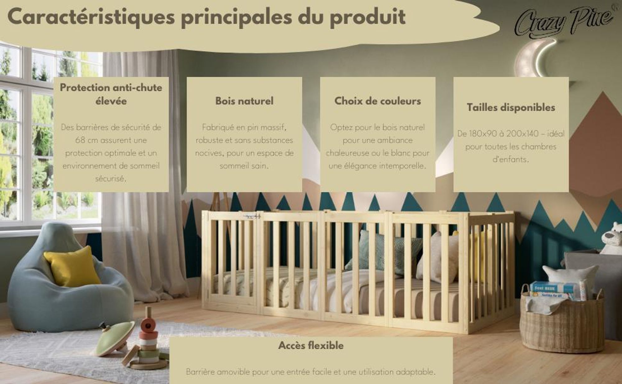 Crazy Pine Lit d'enfant 90x180 cm - Bois naturel - Lit au sol Montessori avec haute protection contre la chute 73cm et barrière ouvrable - Crazy John