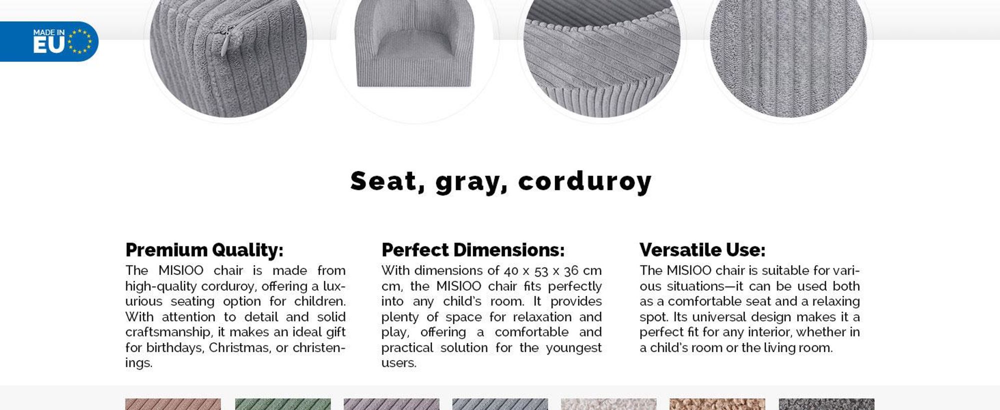 MISIOO Detské kreslo od 1 roka - Detské kreslo Corduroy Premium - stabilné a mäkké - ergonomicky polstrované - 40x53x36 cm