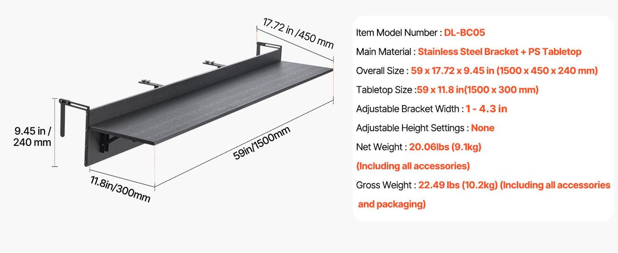 VEVOR Balkontisch, 1500x300 mm, klappbarer Balkonhängetisch, Klapptisch für den Außenbereich, 22 kg Tragkraft, passend für Geländer von 2,54 bis 15 cm, Serviertisch für Terrasse und Deck