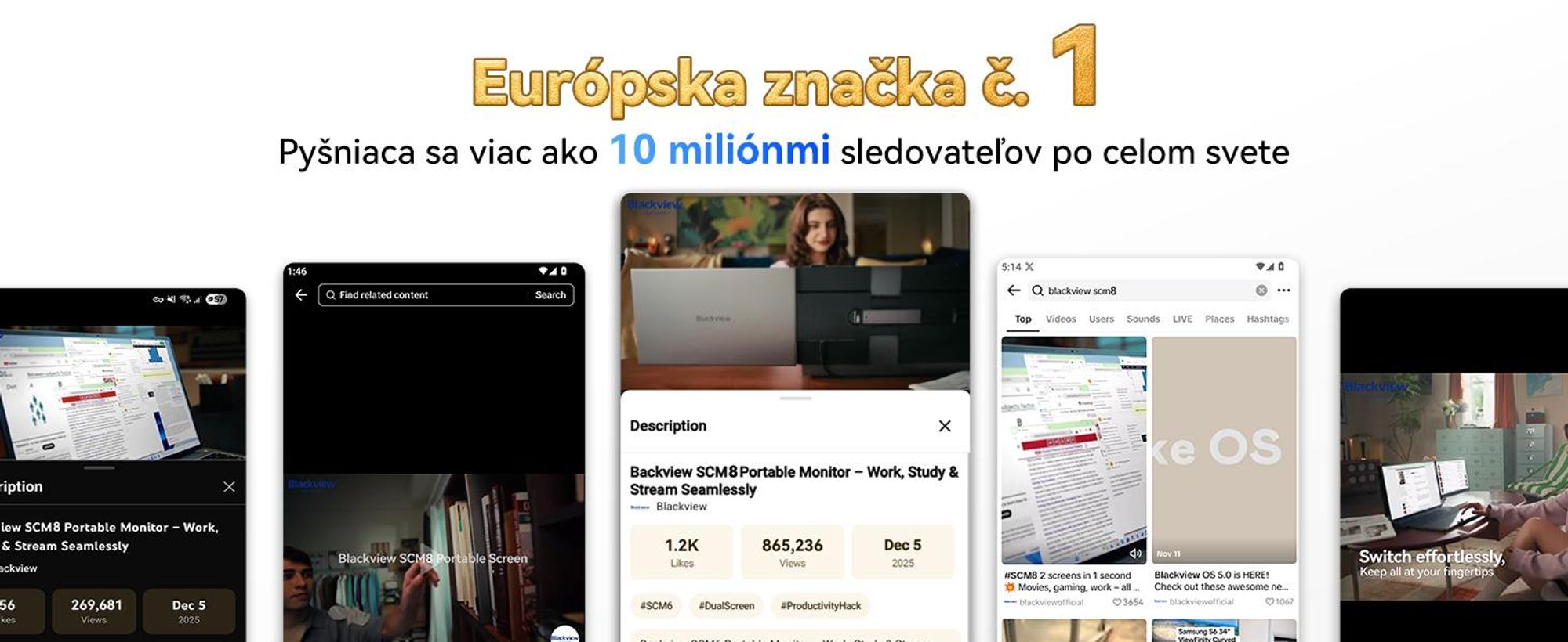 Blackview SCM8 15,6" prenosný samostatný monitor, ultratenký počítačový displej s rozlíšením 1920×1200 (pre notebooky s uhlopriečkou 13–17,3"),  otočný o 180° v horizontálnej rovine