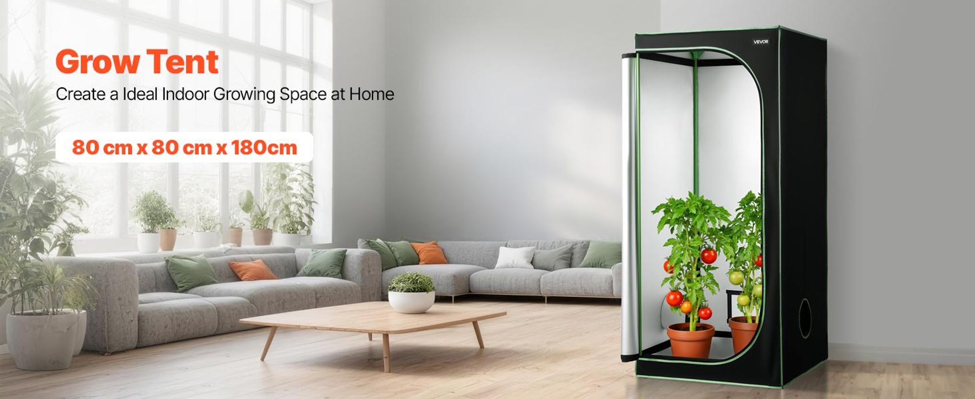 VEVOR Indoor-Grow-Zelt, 60 x 60 x 180 cm, 600D hochreflektierendes Mylar, Indoor-Pflanzenzelt mit Beobachtungsfenster, Bodenwanne & Reißverschluss, strapazierfähige Anbauzelte für Obst, Blumen und Gemüse, 80x80x180 cm