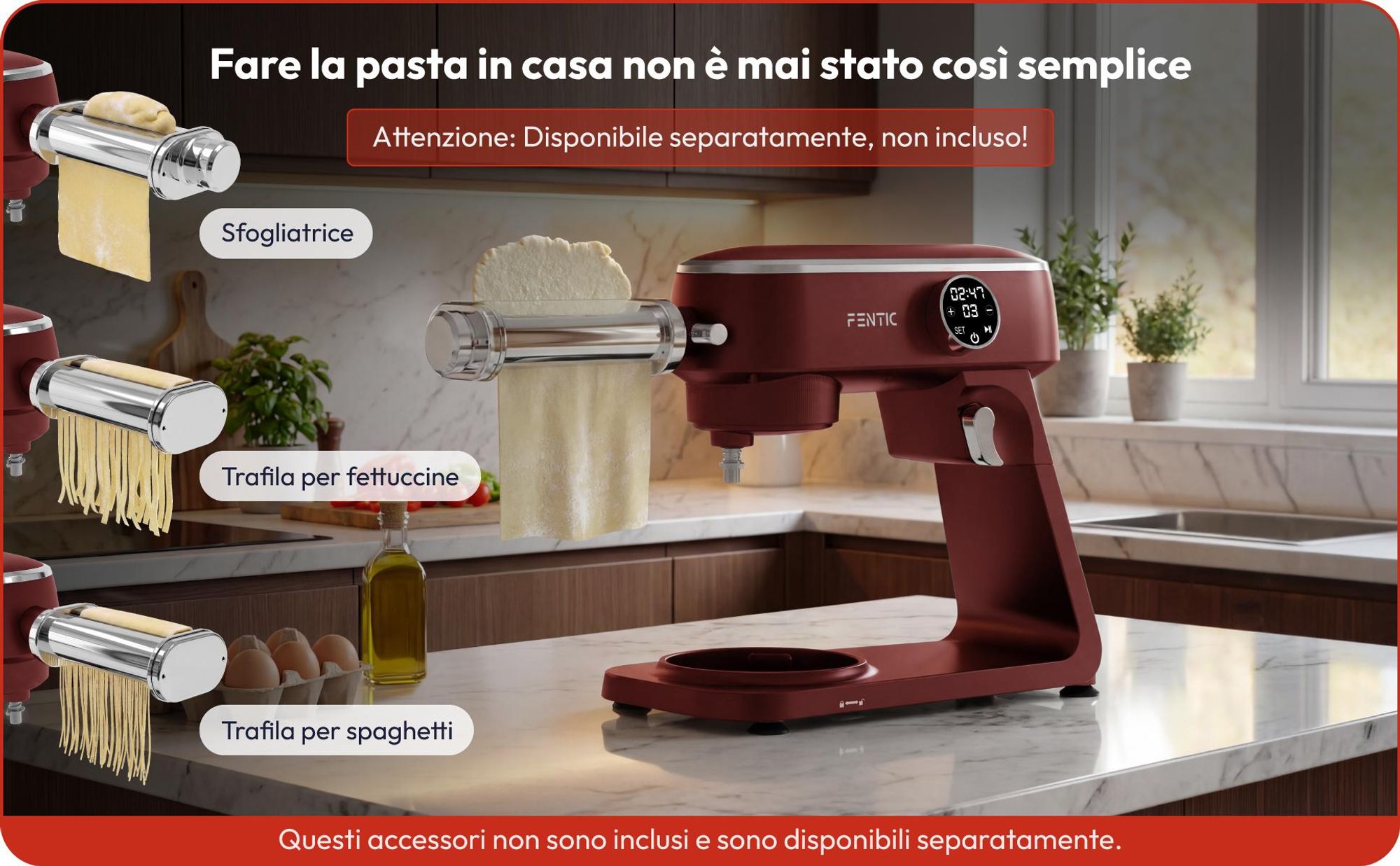 Fentic Impastatrice Planetaria 1800W, Ciotola Inox 7L, Robot da cucina per pane e pizza, 10 velocità con timer & Paraspruzzi