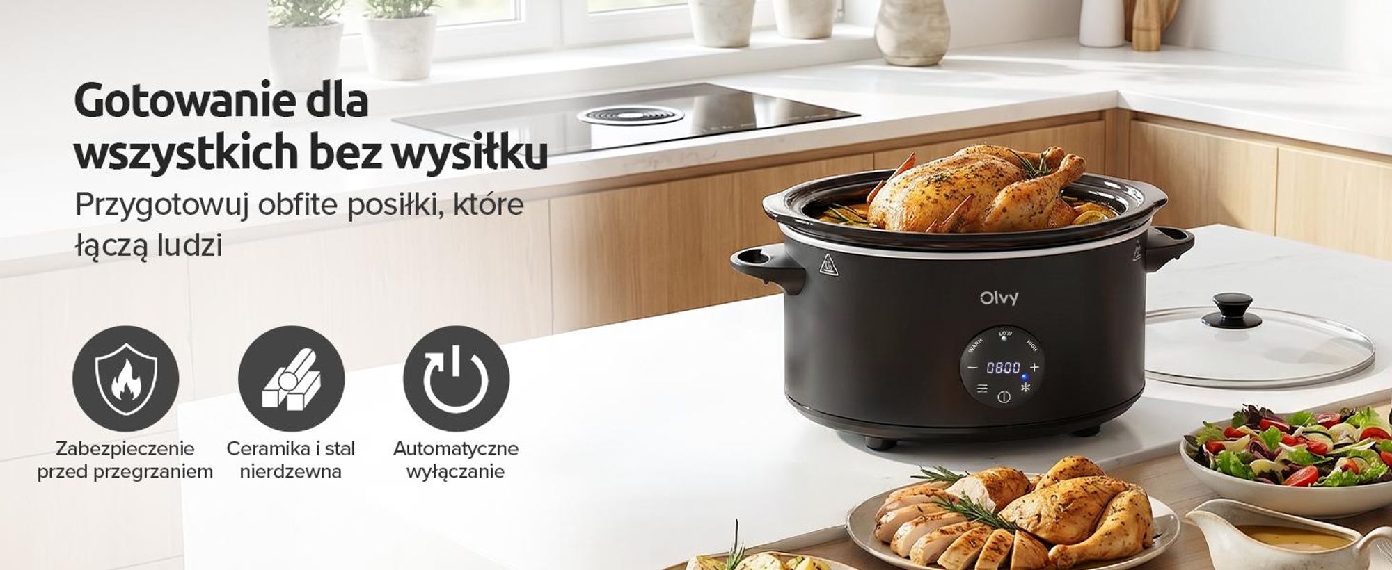 Cyfrowa wolnowarówka Olvy z timerem – pojemność 6 litrów – ceramiczny wkład – w zestawie książka kucharska do wolnowarówki