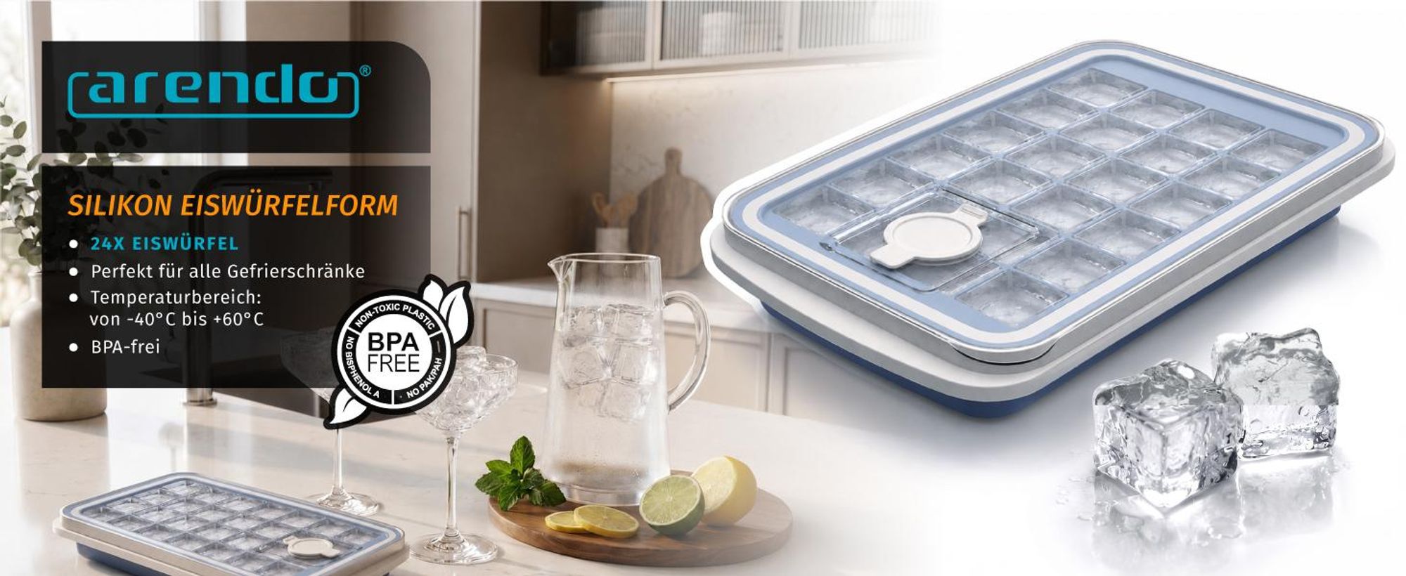 Arendo Eiswürfelform Silikon mit Deckel und Einfüllöffnung, 230ml, 24 Eiswürfel, spülmaschinengeeignet, stapelbar, quadratisch, leichtes Herauslösen, BPA-frei