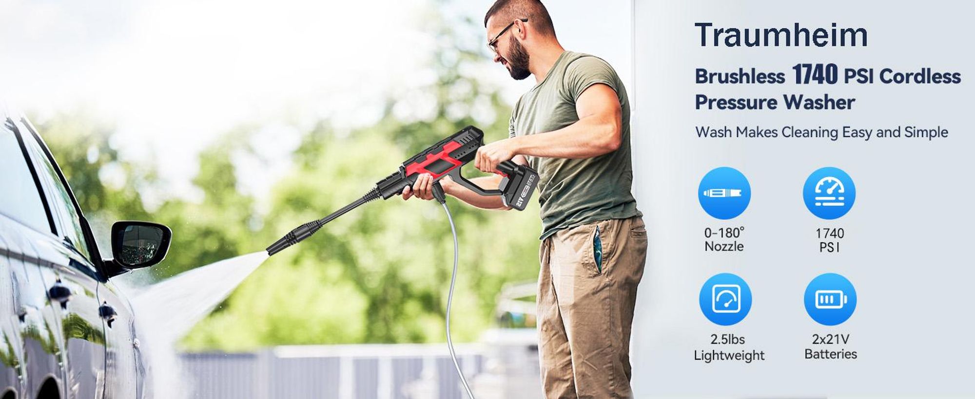 120BAR Akku Hochdruckreiniger mit 8000mAh Akkus, Bürstenloser Motor mit 0–180° Rotationsdüse, 2 Wasserhahnadapter für Winter-Autopflege & Outdoor