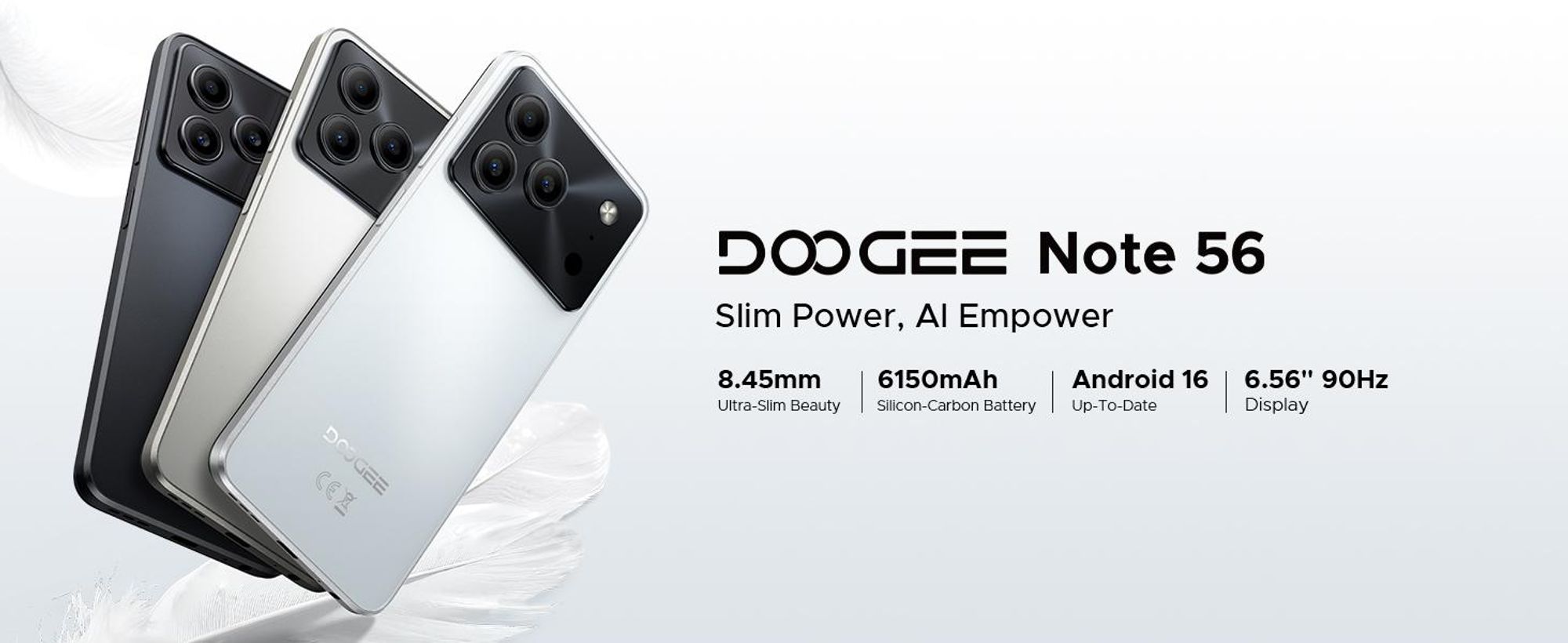 DOOGEE Note 56, chytrý telefon, Android 16, 6,56" displej s obnovovací frekvencí 90 Hz, rozlišení HD+, baterie 6150 mAh, 24 GB RAM + 64 GB interní paměti, podpora 4G, dual SIM, 8MP fotoaparát, rozpoznávání obličeje, podpora OTG, bez smlouvy