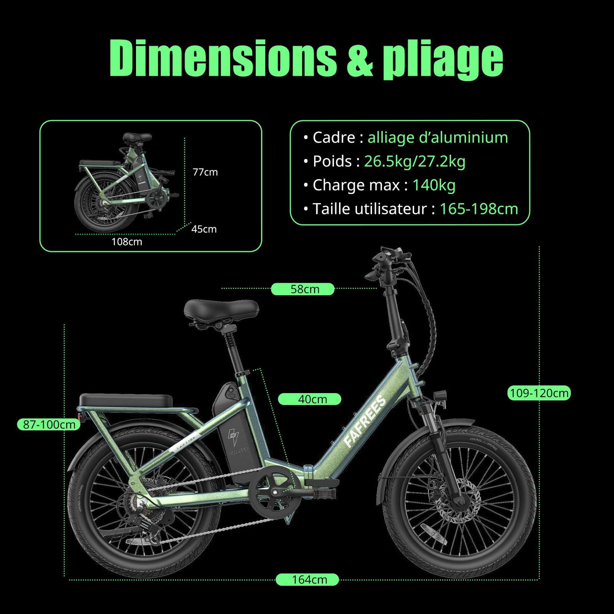 Vélo électrique flexible FAFREES F20 - Moteur 250 W, batterie 36 V 20 Ah, autonomie de 75 à 100 km, freins à disque mécaniques - Noir anthracite
