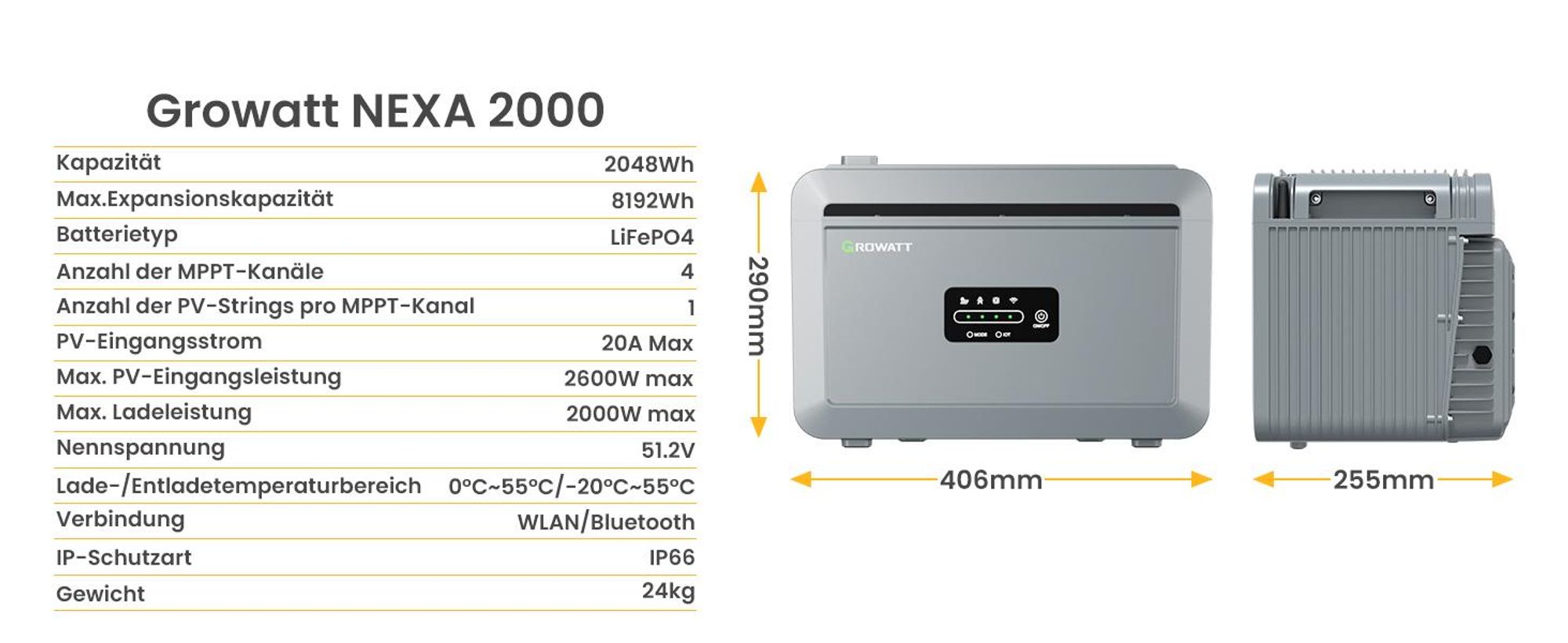 Powerness Balkonkraftwerk Speicher Growatt NEXA 2000 Speicher All-in-One 2048Wh Speicher für Balkonkraftwerke, (0% MwSt)