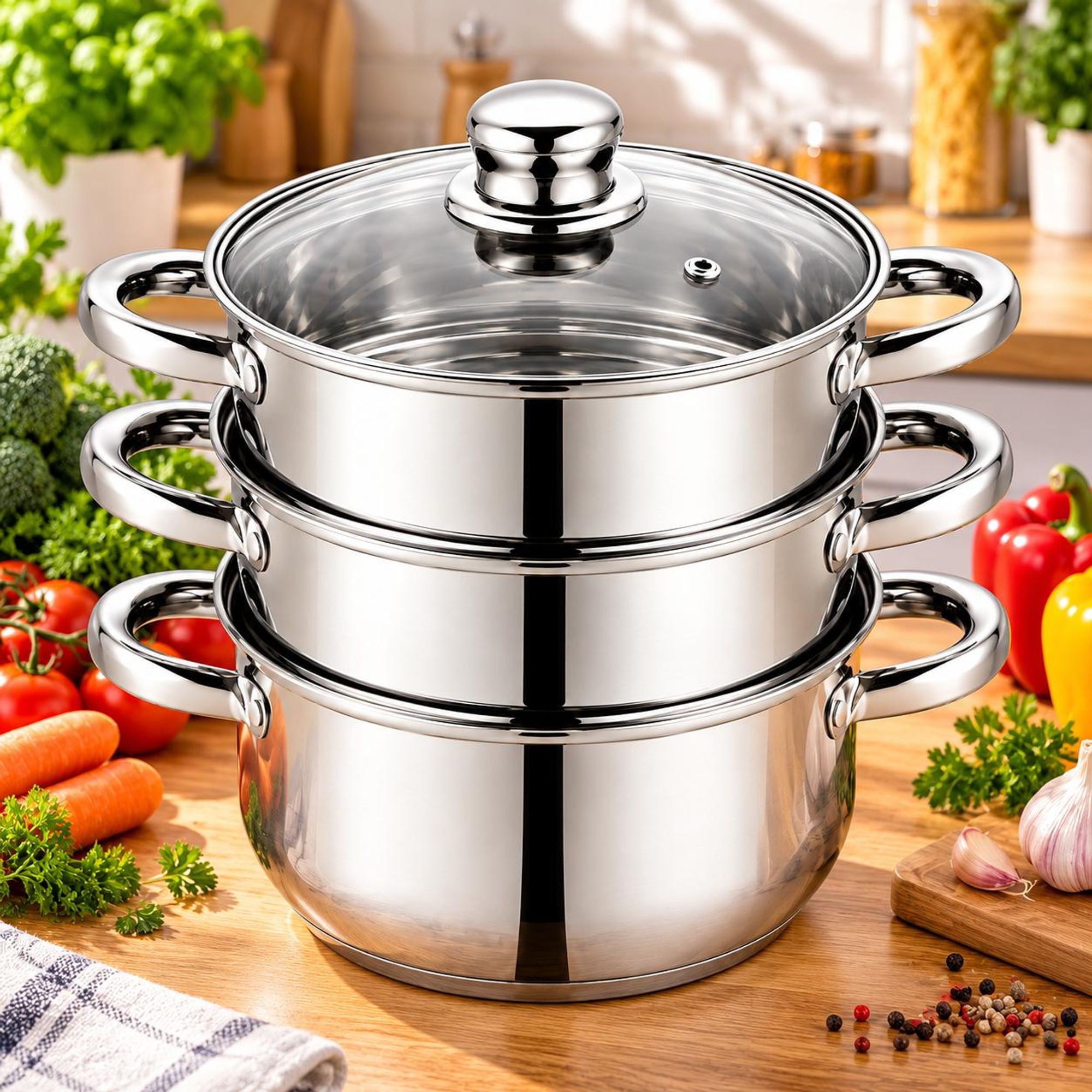Dampfgarer 22 cm 3-teilig – Edelstahl – Glasdeckel – Induktion – Für alle Herdarten – Royal Swiss