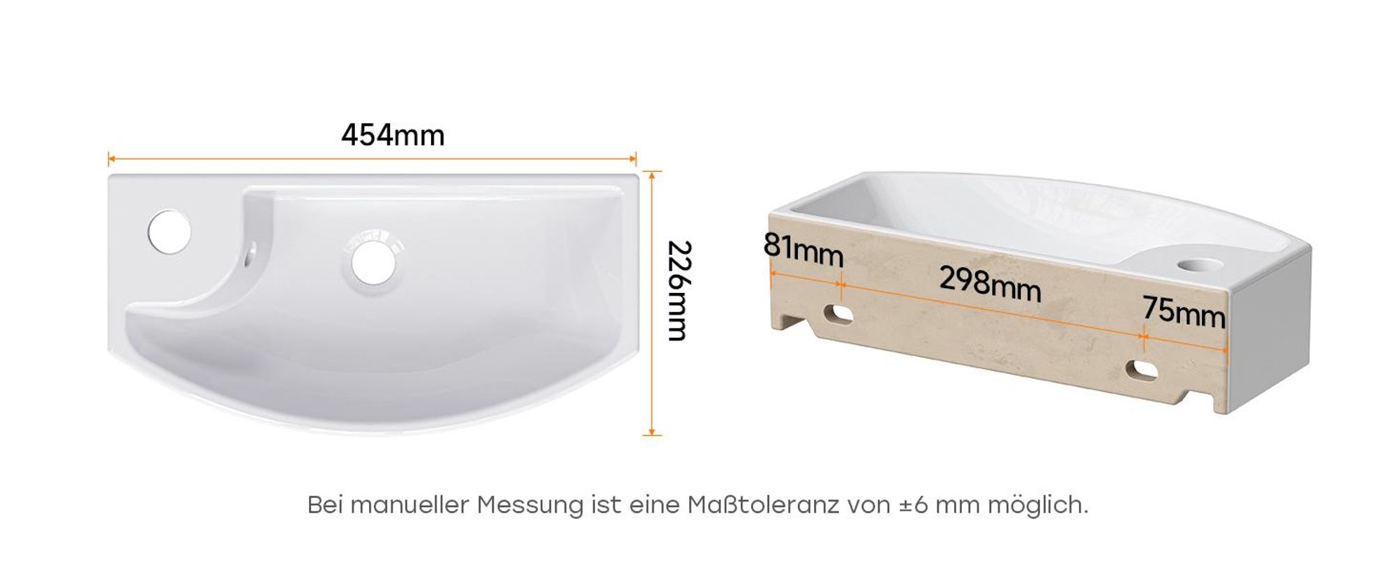 HOROW Hänge Waschbecken - 454 x 226 x 129 mm - Wandmontage Handwaschbecken Aufsatzwaschbecken Waschschale mit Hahnloch und Überlauf