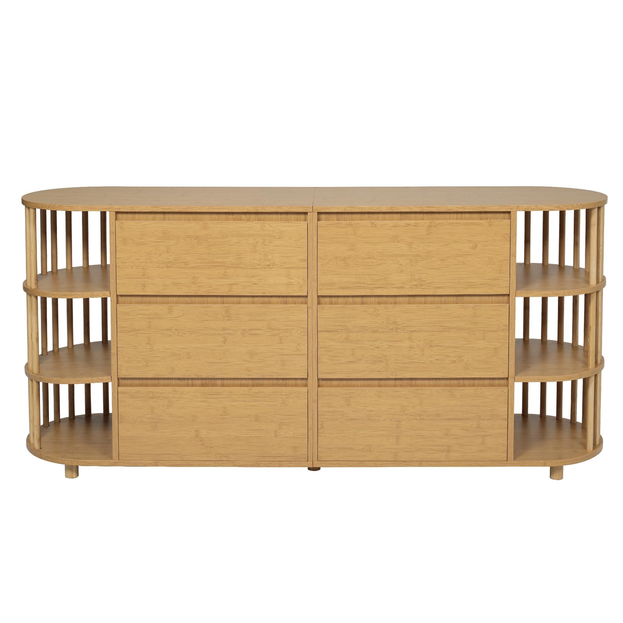 Flieks Kommode mit 6 Schubladen, Sideboard Wohnzimmerschrank mit 2 Bambus-Regalen, Aufbewahrungsschrank 160x40x75 cm, Oak