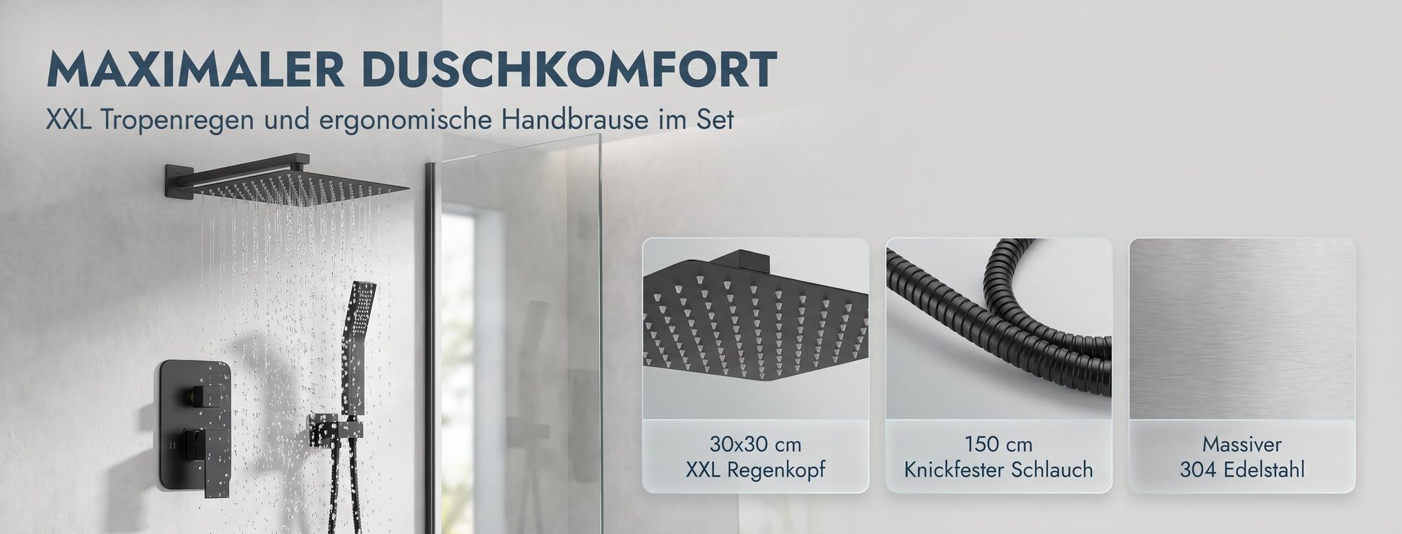 ROSEJANE Unterputz Duscharmatur Set mit Regendusche 30 × 30 cm, Duschsystem mit Kopfbrause und Handbrause, Edelstahl, G1/2, Matt-Schwarz