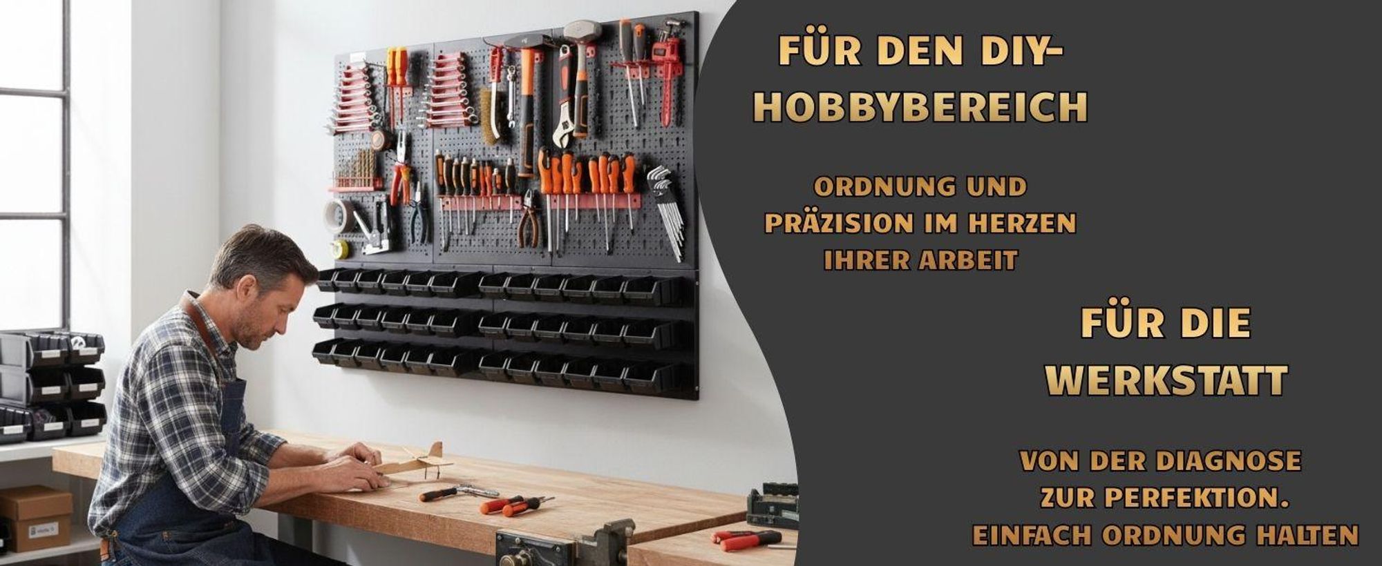 botle® Werkzeugwand Lochwand aus Metall, Stapelboxen + Wandregal + Werkzeughalter 114-tlg Set, Kleinteilelager, Wandwerkstatt mit 60 stapelbaren in 3 Farbe Behältern auch mit Deckeln, Hängeregal Sortierregal