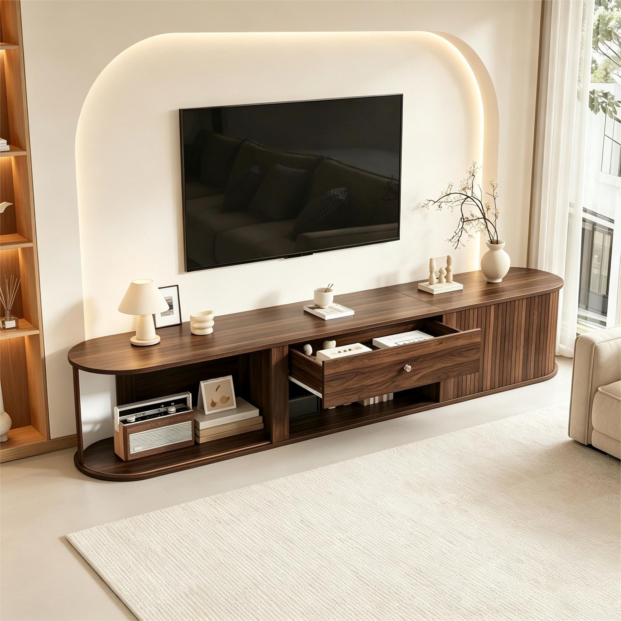 Merax TV Lowboard Fernsehtisch mit 2 Rolltüren und 1 Schublade, 180cm TV-Schrank mit Runddesign, TV Board für 75 Zoll Fernseher, Walnuss Optik