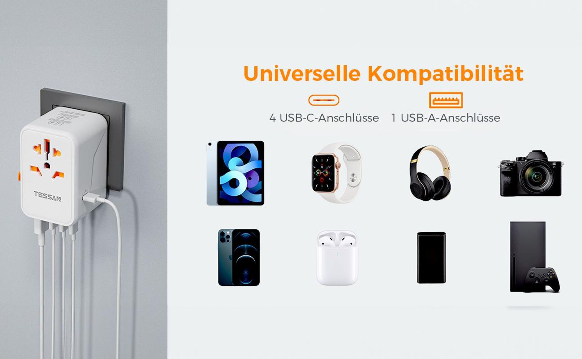 65W Reiseadapter Weltweit Universal Reisestecker mit 1 USB A 4 USB C Internationaler Steckdosenadapter für Deutschland USA England Australien