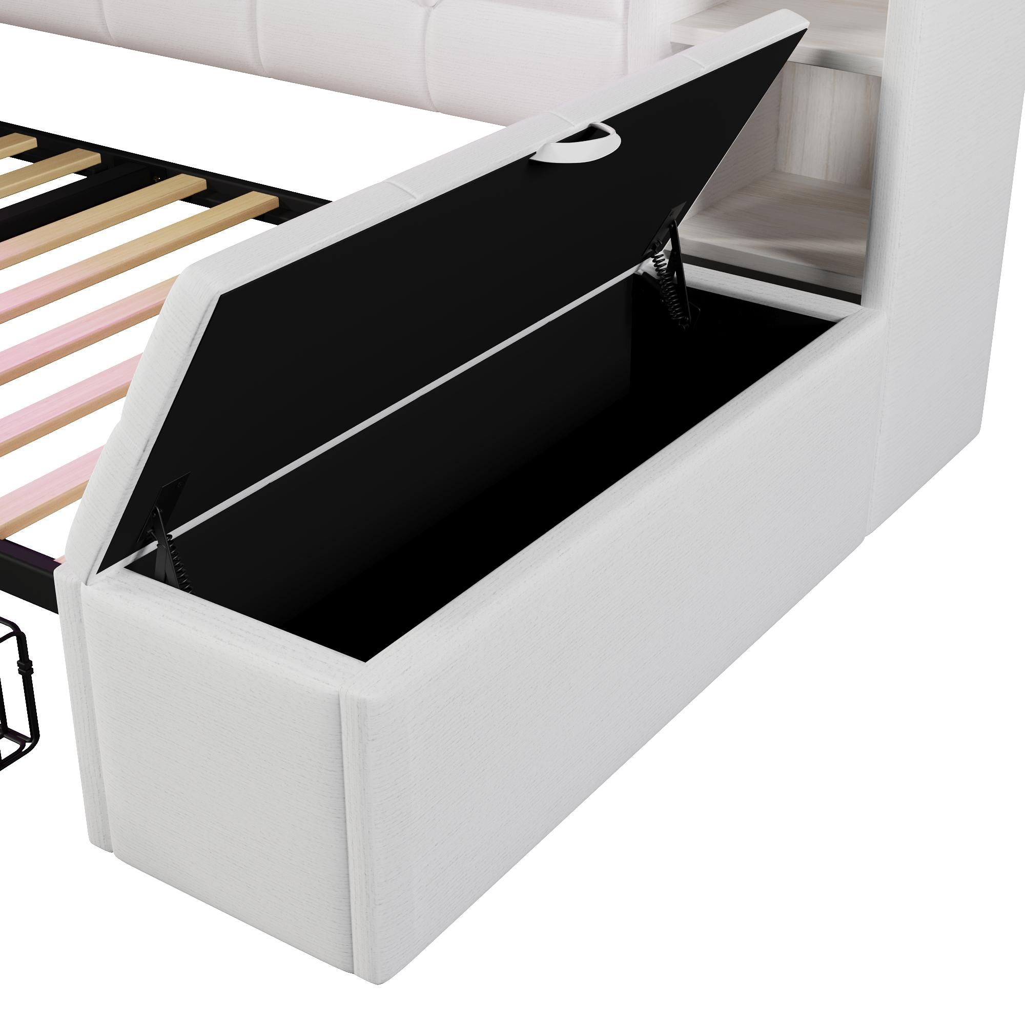 Merax Tagesbett Daybett 90x190cm, Schlafsofa mit 2 Schubladen, USB & Typ-C, LED Lichtleiste, Regal, Stauraumbank, Polsterbett, Kinderbett, Samt, Weiß