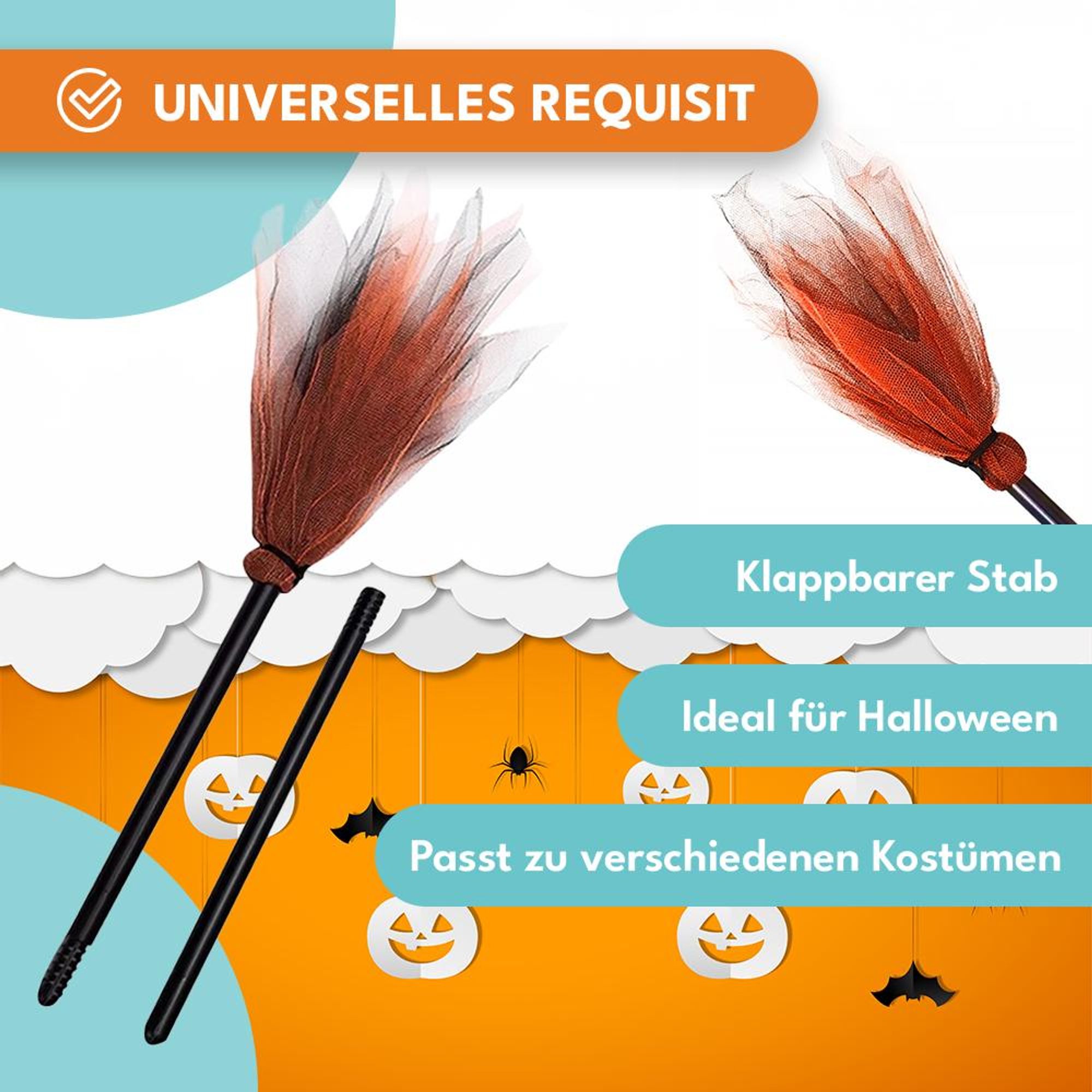 KRUMAD Hexenbesen Orange 87 cm – zusammenklappbar, leicht & stabil, Kostüm Zubehör für Kinder & Erwachsene, Halloween & Karneval