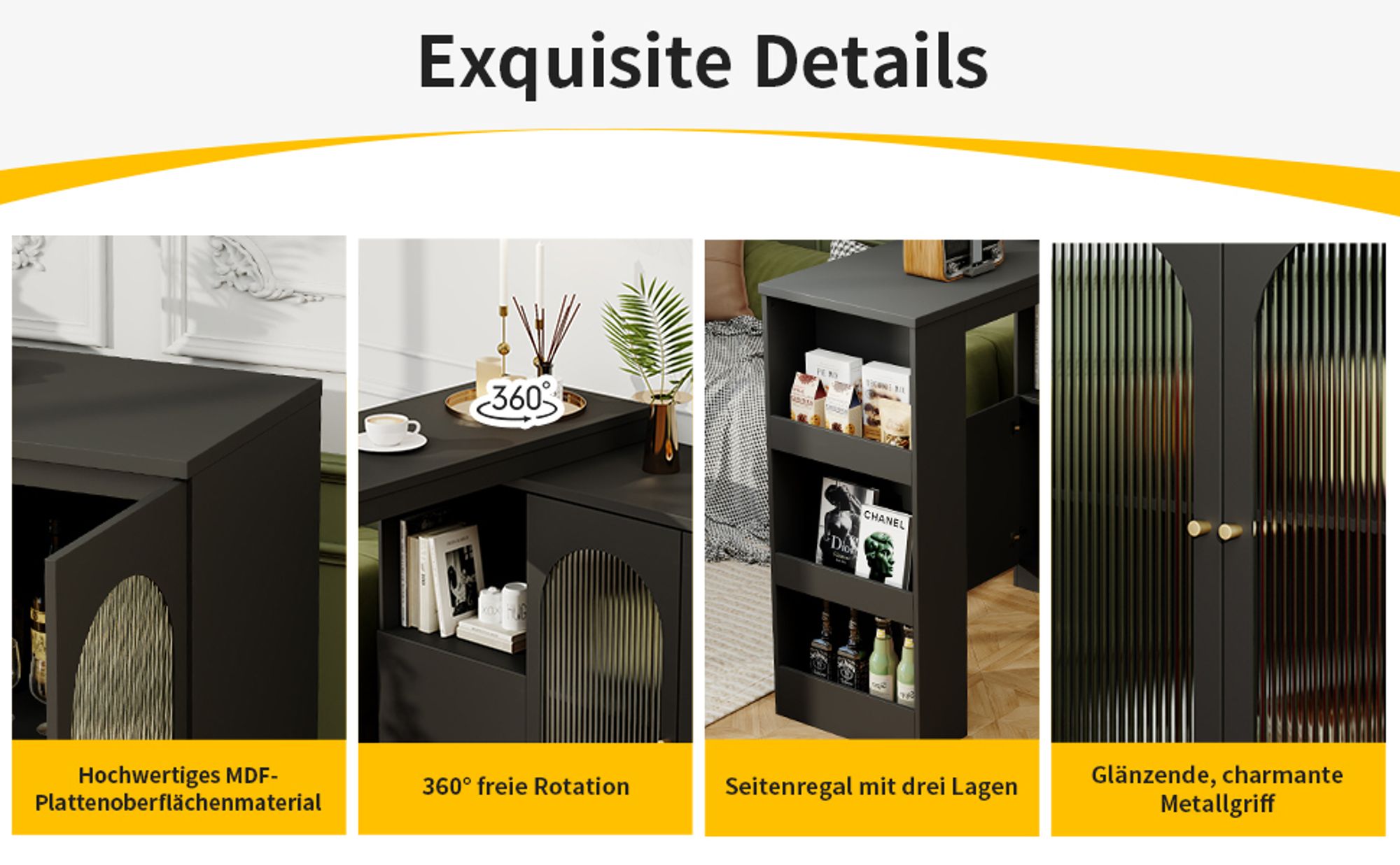 Flieks Bartisch 360°drehbar, Stehtisch mit Sideboard, Küchentisch ausziehbar, Kaffeebar mit Schrank, Sideboard mit Glastür, Schwarz