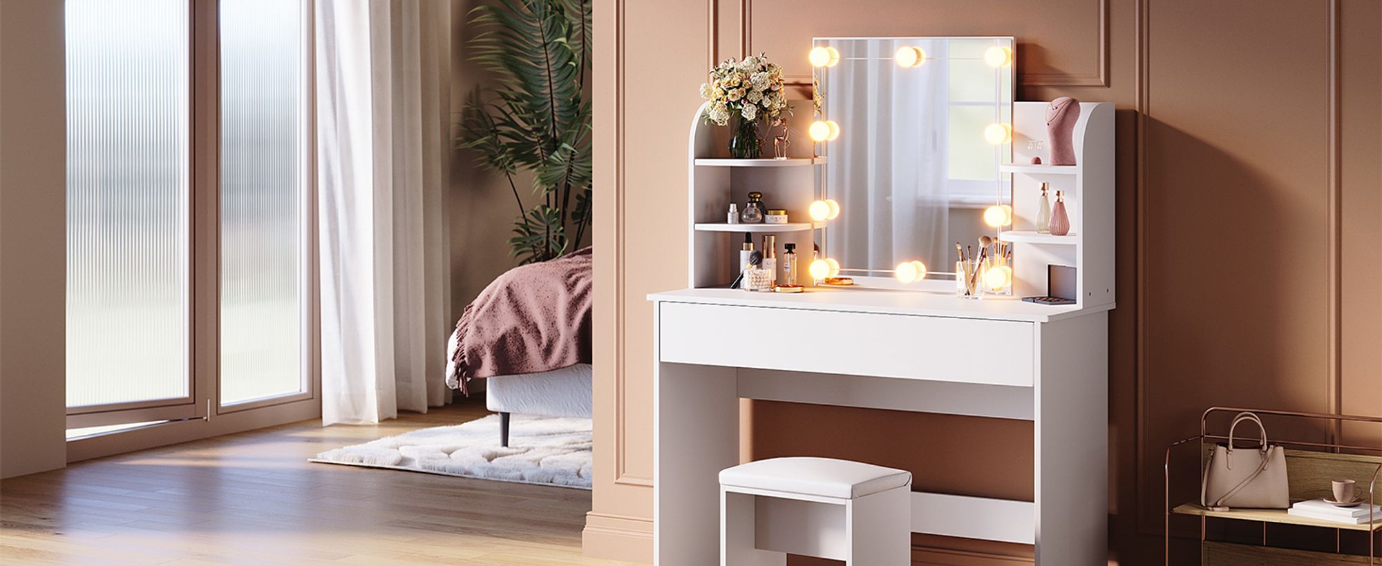 SONNI Schminktisch weiß mit hocker und 3 Farbiger LED Lampe Frisiertisch mit Spiegel, mit Schublade, 1080x400x1400mm mit Einstellbarer Helligkeit