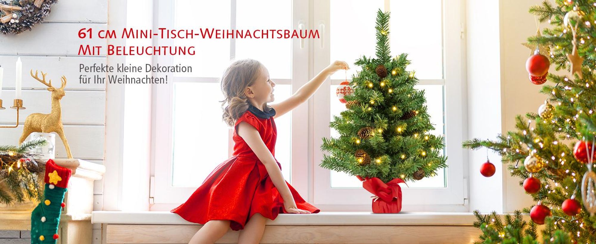 COSTWAY 64 cm Künstlicher Weihnachtsbaum mit Beleuchtung, Kleiner Tannenbaum mit 8 Lichtmodi, 8 Tannenzapfen & Zementbasis, Weihnachtsdeko, Tisch-Christbaum für Zuhause, Büro