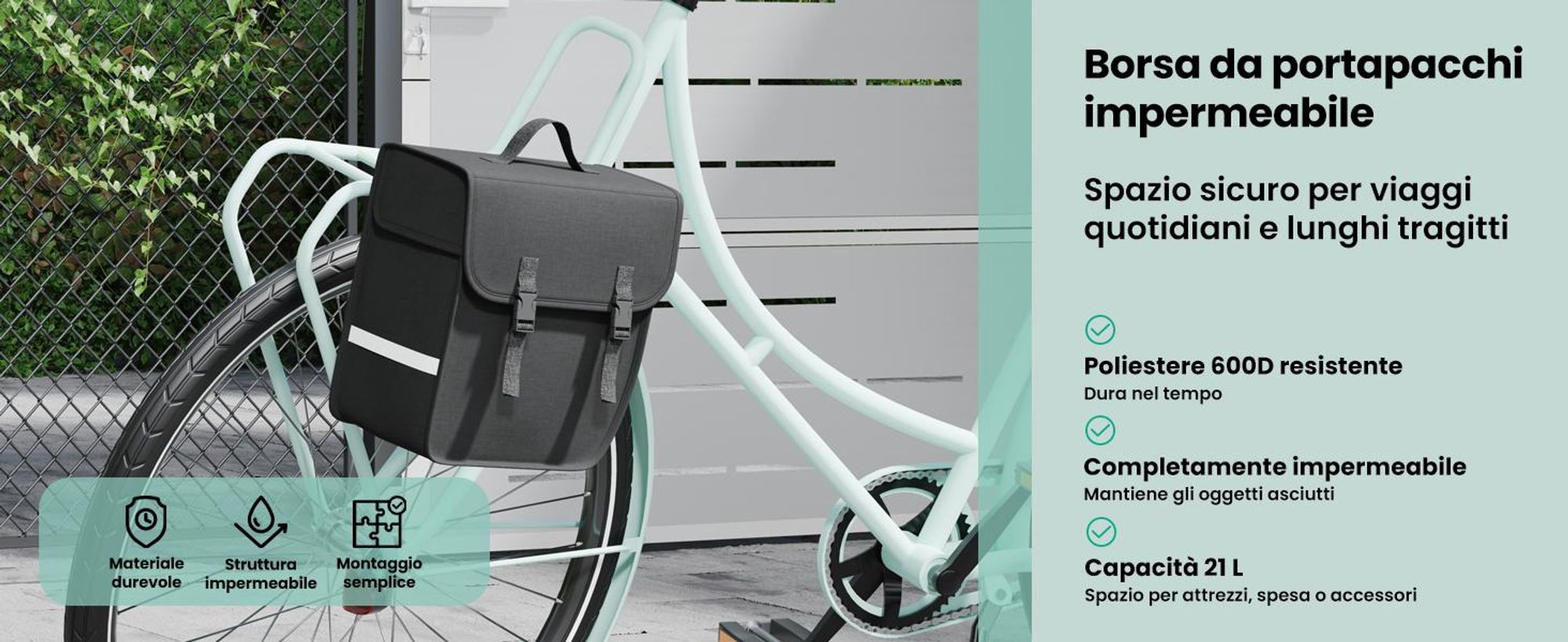 vidaXL Borsa da bicicletta per portapacchi Impermeabile 21 L Nero
