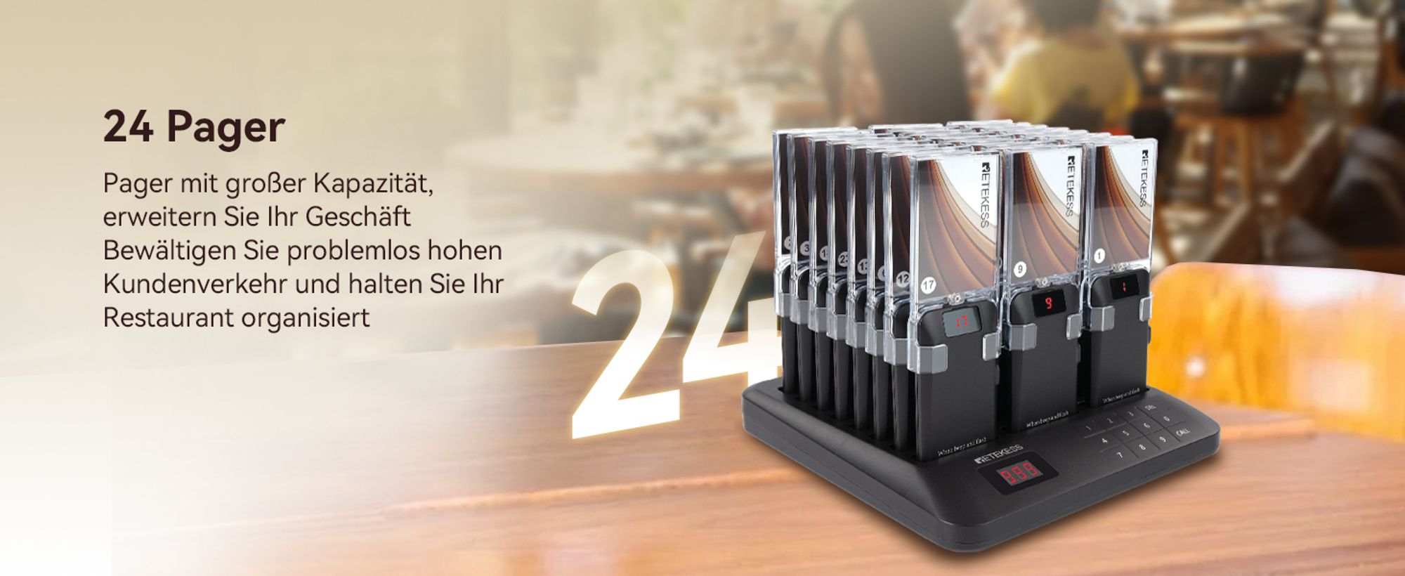 Retekess TD157A Pager Rufsystem, 800M, 39 Rufmodi, 300 mAh Akku, Abnehmbare Plakatwand, Kundenrufsystem für Gastronomie Burgerladen 24 Pager