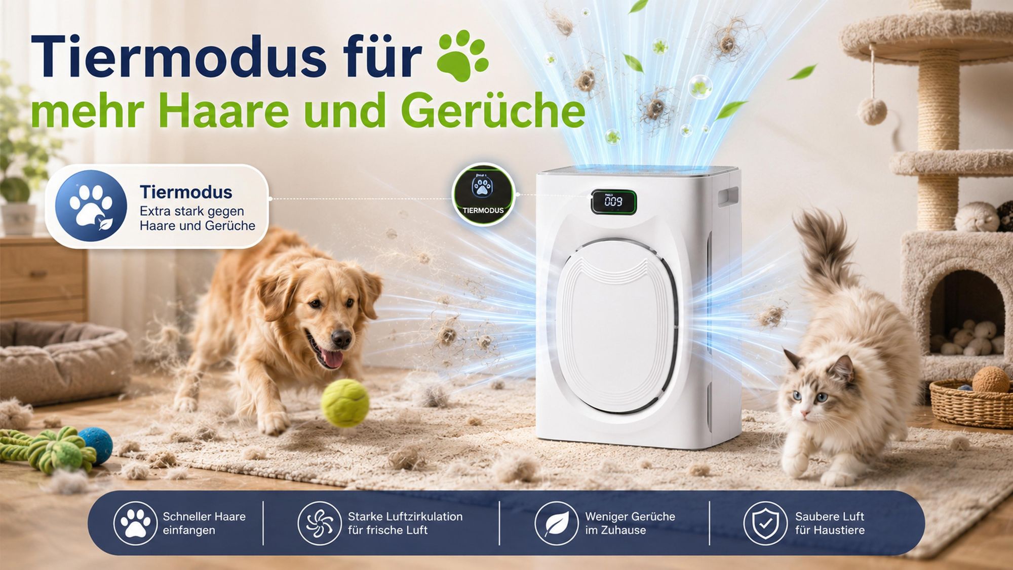 Luftreiniger Allergiker & Tierhalter, HEPA H13 + Aktivkohle+Waschbarer Filter, 25dB, CADR 350m³/h, PM2.5 Display, gegen Pollen/Staub/Tierhaare/Gerüche