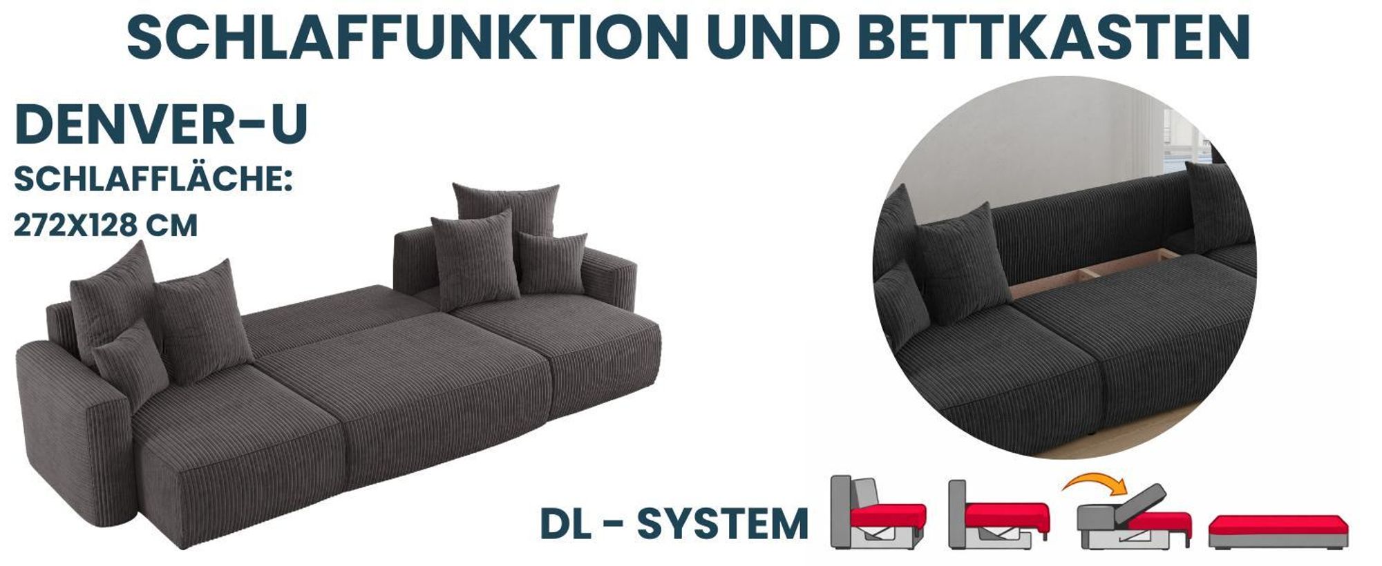 U-Form Sofa ANTONIO DENVER - 312x142x73cm, Wohnzimmersofa mit Schlaffunktion & Bettkästen - Eckarniutur, Couch U-form, Bezug - Cord in Beige