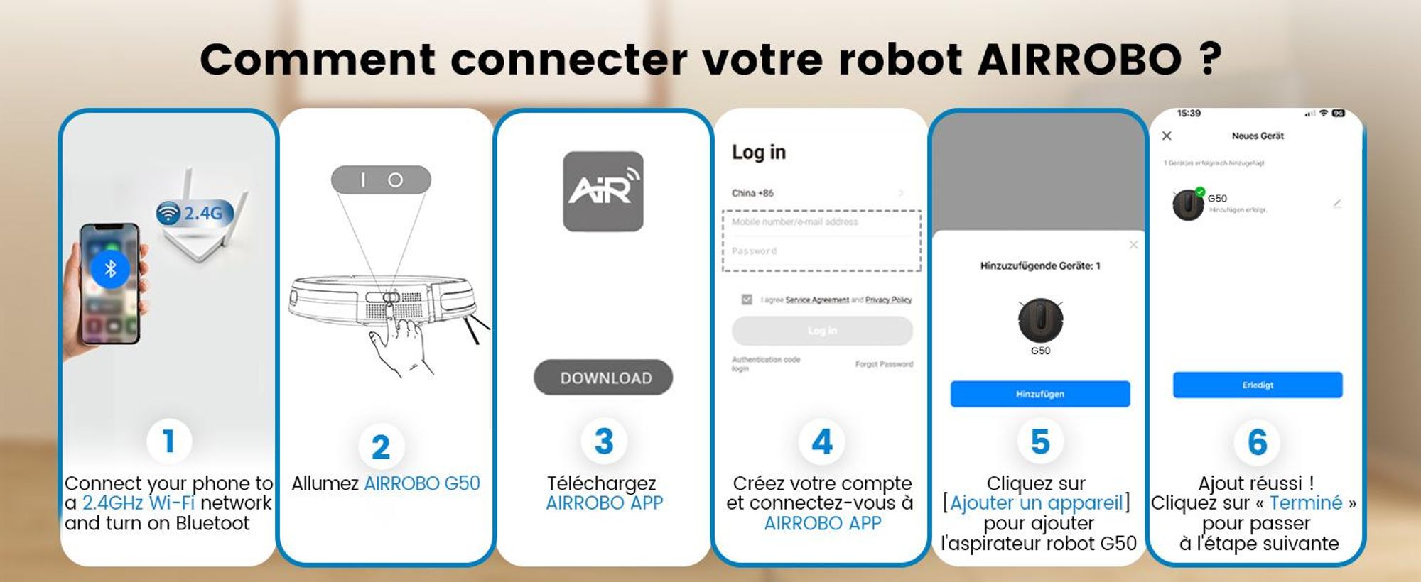 Robot aspirateur AIRROBO G50, puissance d'aspiration de 4 000 Pa,via application, autonomie de 120 minutes, grand bac à poussière de 600 ml, robot aspirateur optimisé pour les tapis et les poils d'animaux