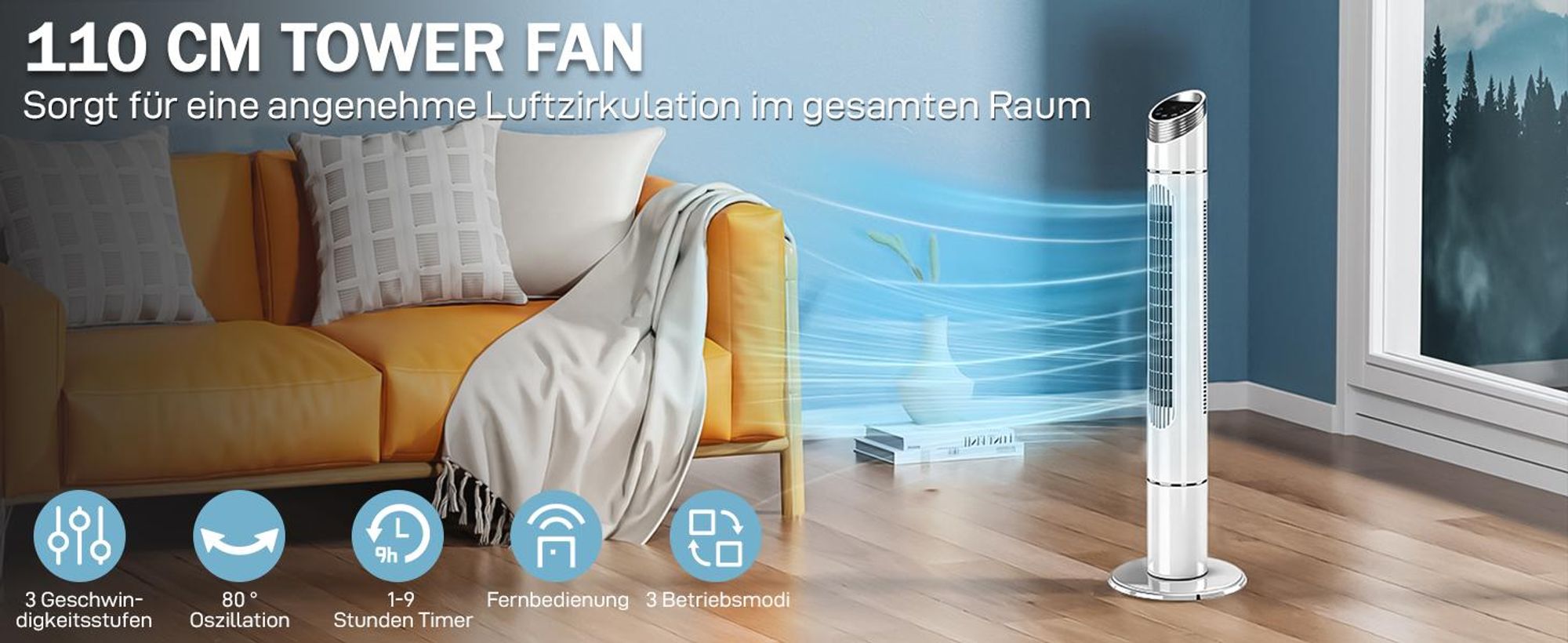 Turmventilator mit elektronischem Display, Fernbedienung, 3 Modi und 12-Stunden-Timer-Funktion 40W