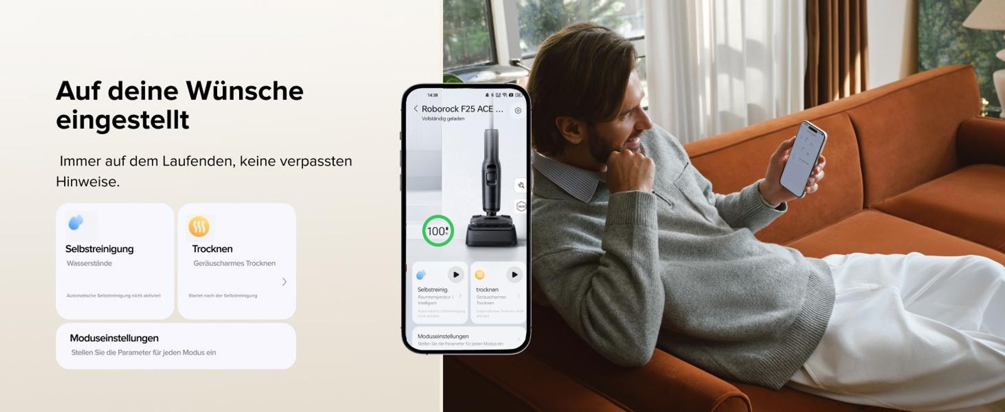 Roborock F25 ACE Pro Nass Trockensauger, 25000Pa, JetFoaming gegen Flecken, Anti-Haar-Verwicklung, 180° Flach-Design, Heißwasser-Selbstreinigung
