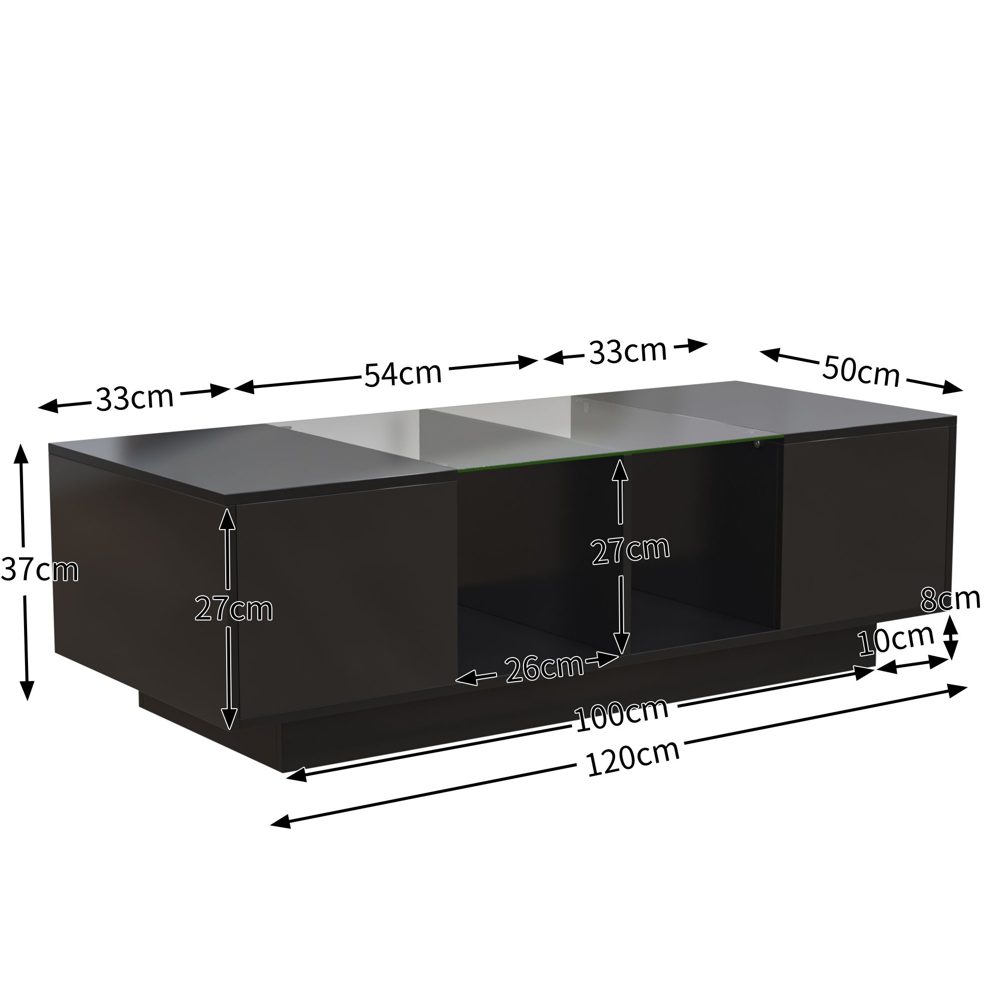 Merax Couchtisch mit Glastischplatte und Stauraum, Beistelltisch hochglanz mit Türen, Wohnzimmertisch Kaffetisch 120x37x50cm, Schwarz