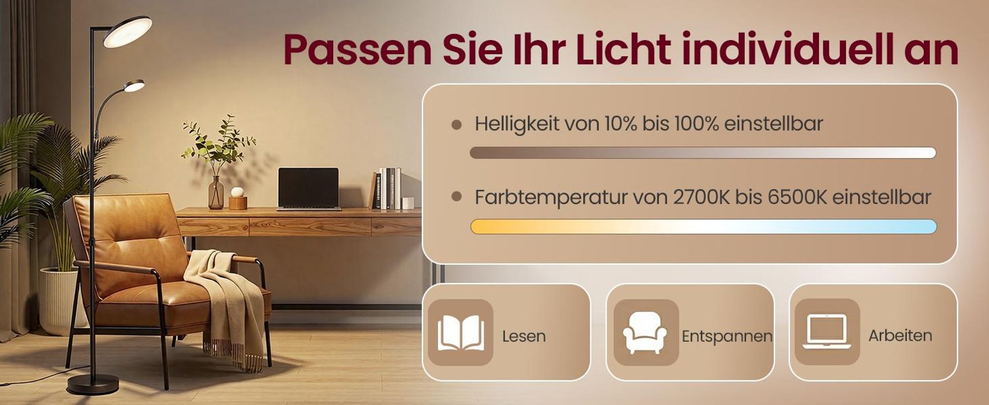VASAGLE LED-Stehlampe höhenverstellbar, Standleuchte mit Leselampe, Timer, Schlafzimmer, Büro, Fernbedienung, schwarz