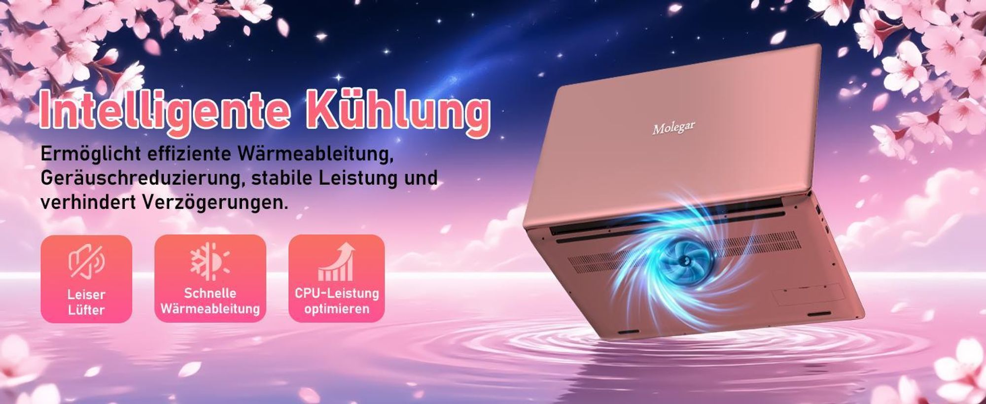 Molegar 15.6" Pink Laptop, 5205U, FHD, 8GB DDR4, 256GB PCIe SSD, Backlit KB, Fingerprint, 180° Hinge, 6000mAh Battery, Webcam, WiFi 5, USB 3.0, Rosa