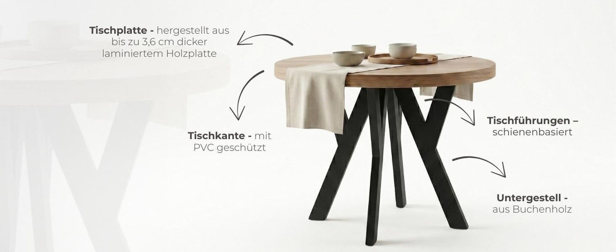 Runder Ausziehbarer Tisch für Esszimmer, PERO, Loft-Stil, Skandinavische, Durchmesser: 100 / 150 cm, Farbe: Eiche Lancelot / Schwarz