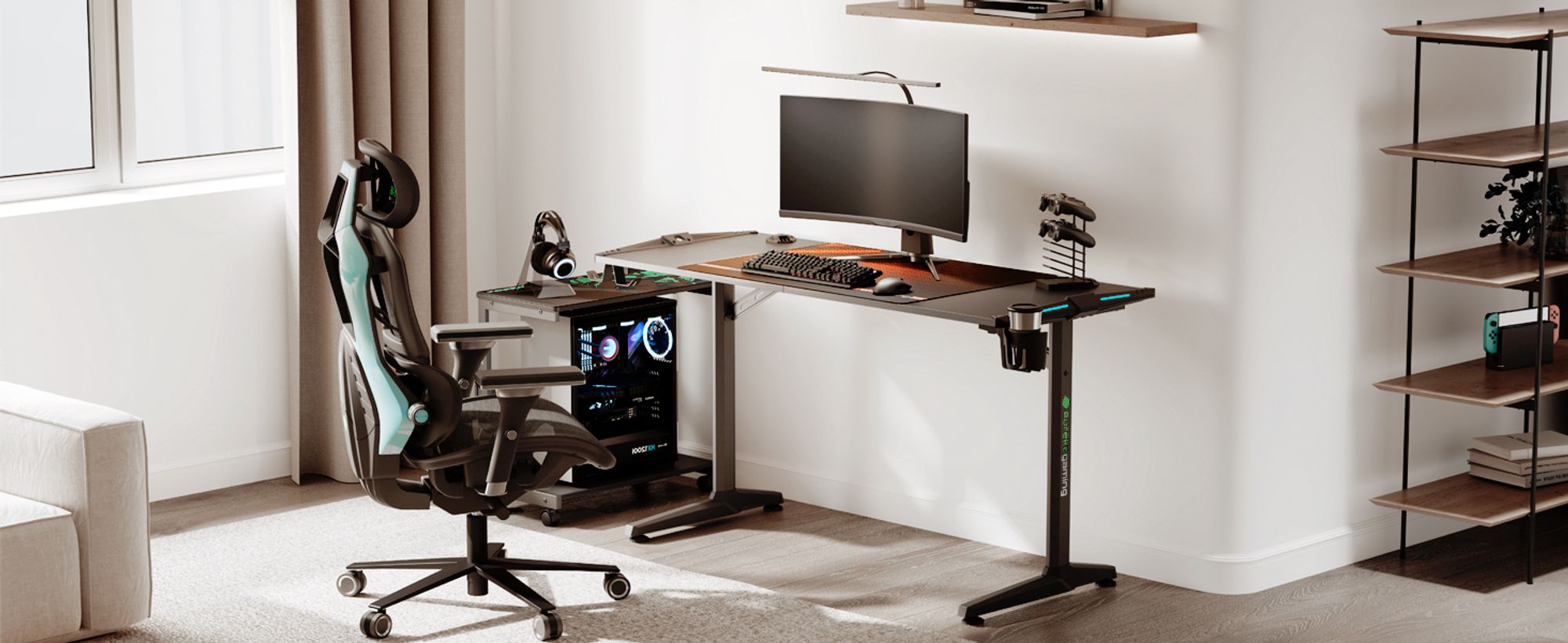 EUREKA ERGONOMIC Gaming Tisch mit LED Computertisch 140×60cm Schreibtisch Gamingtisch mit Getränkehalter und Kopfhörerhalter